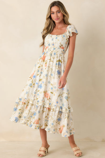 Women's Wildflower Wishes Ivory Multi Floral Midi Dress | Size: L