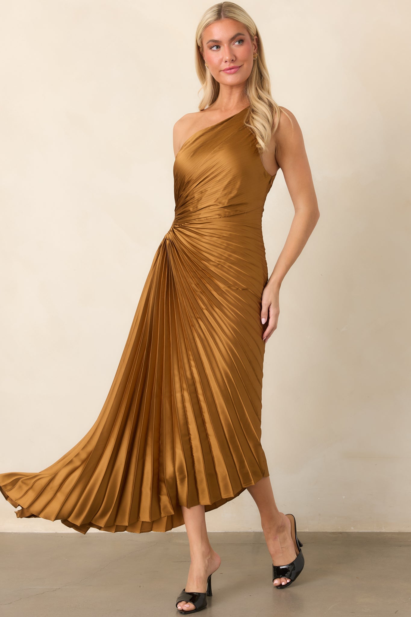 Poetic Charm Bronze Asymmetric One Shoulder Maxi Dress