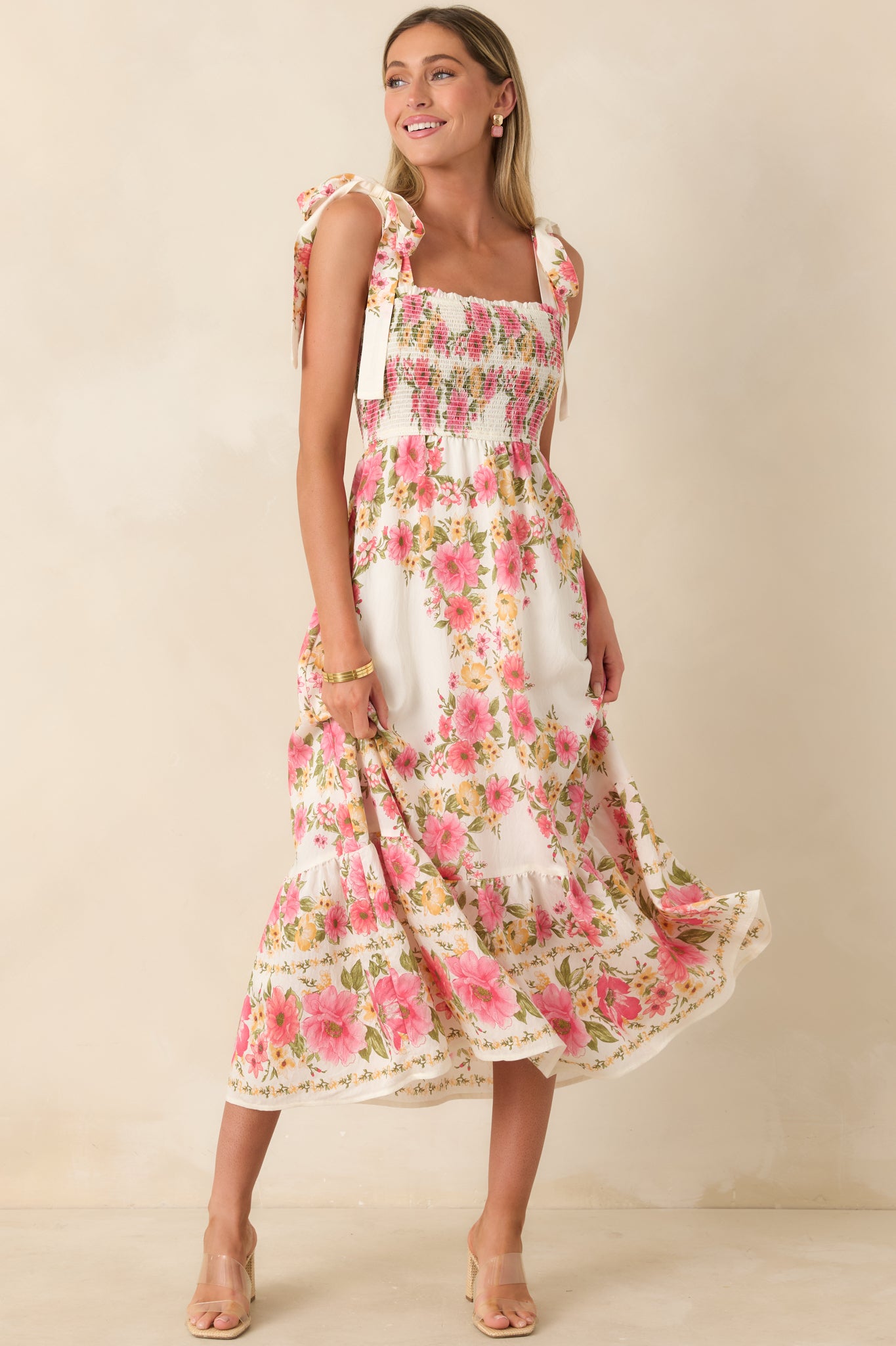flowing midi summer dresses Women's Flower Girl Energy Pink Multi Floral Smocked Tie Strap Midi Dress | Size: M
