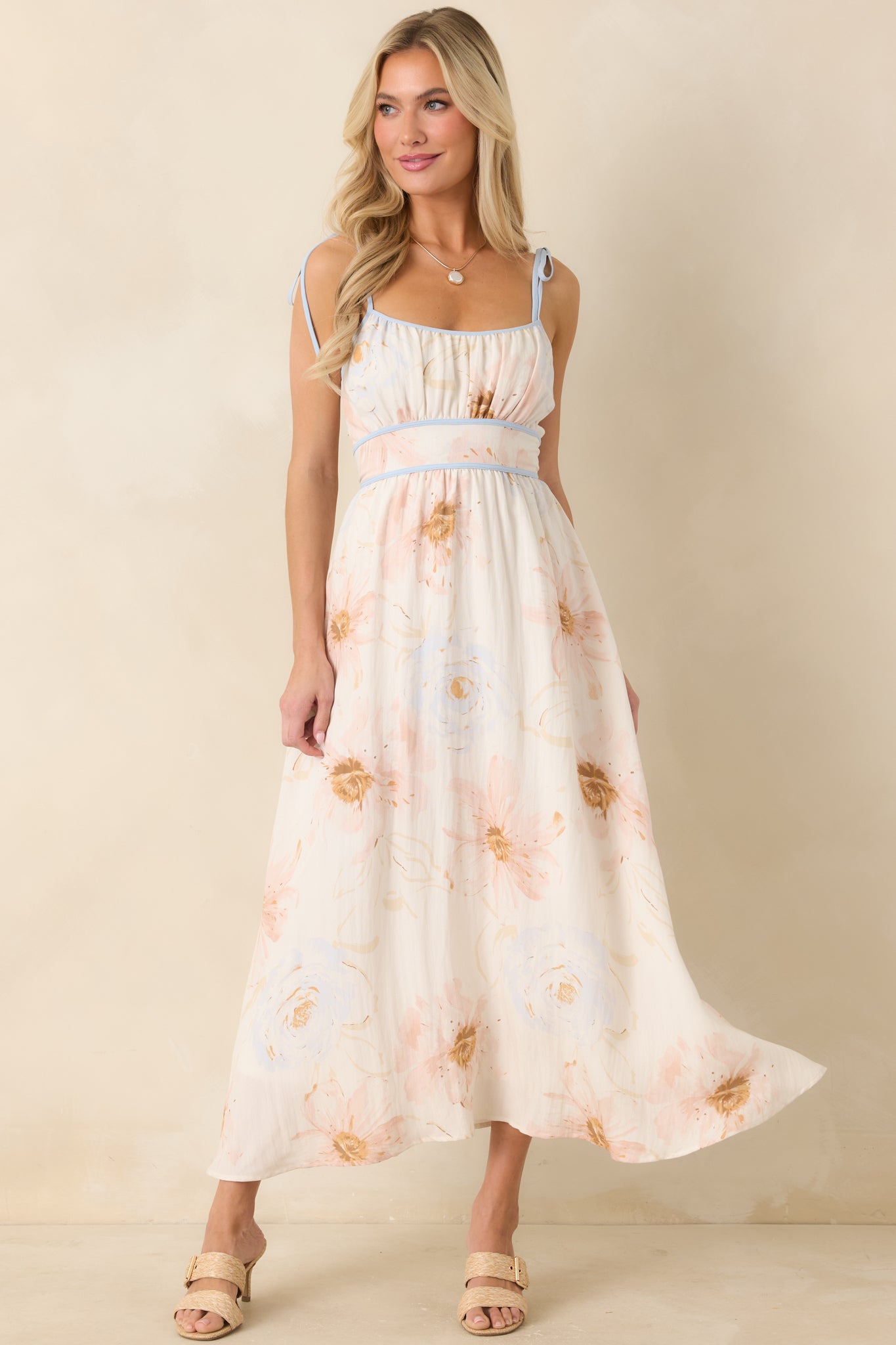 tie straps midi dress Red Dress | Ivory Multi Floral Tie Strap Midi Dress