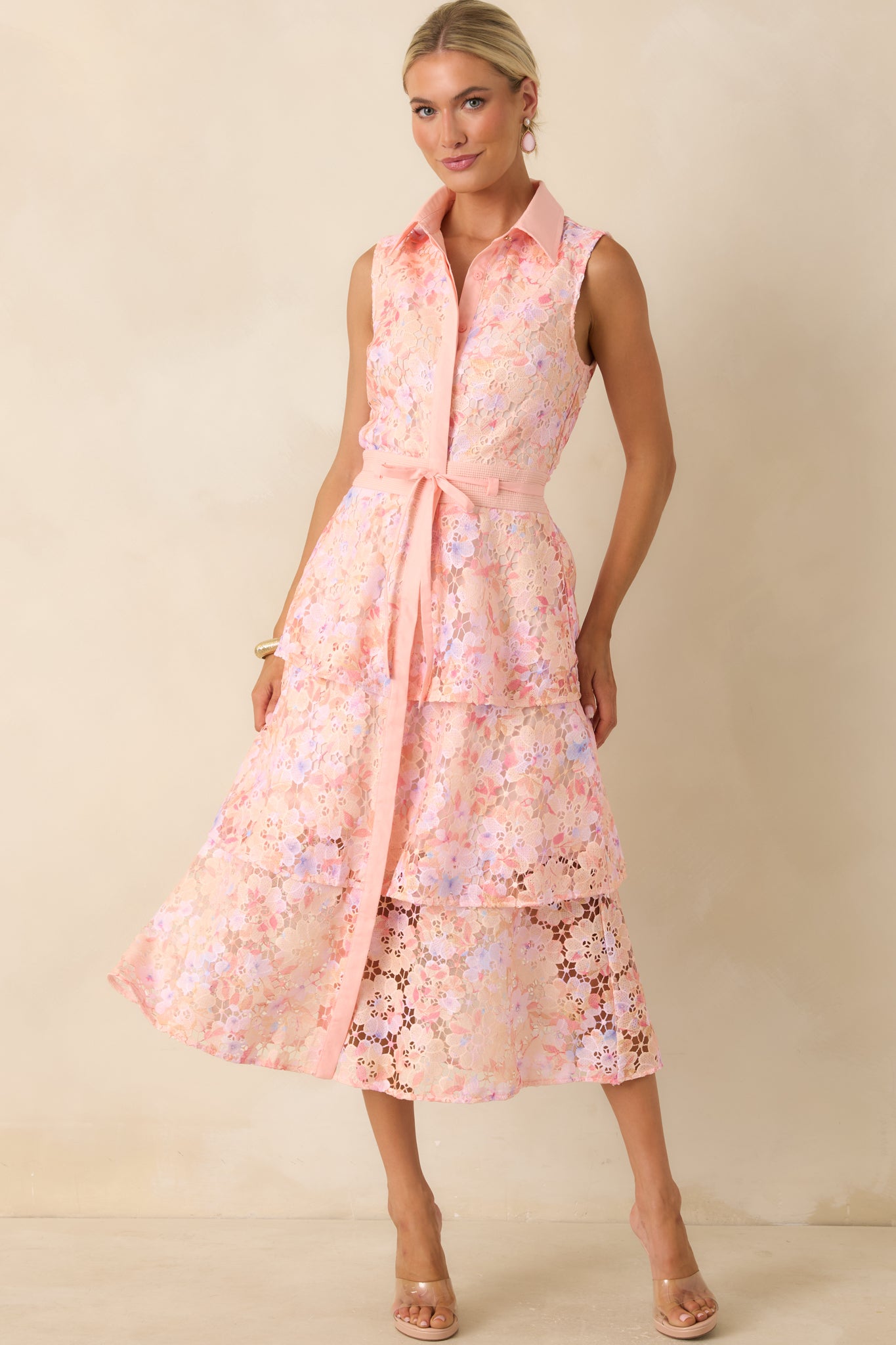 Red Dress | Pink Multi Floral Lace Midi Dress - All Dresses