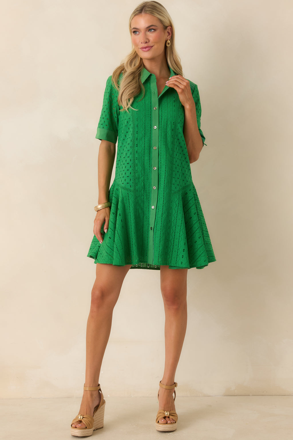 green dress and shoes Red Dress | Green Cotton Eyelet Mini Dress
