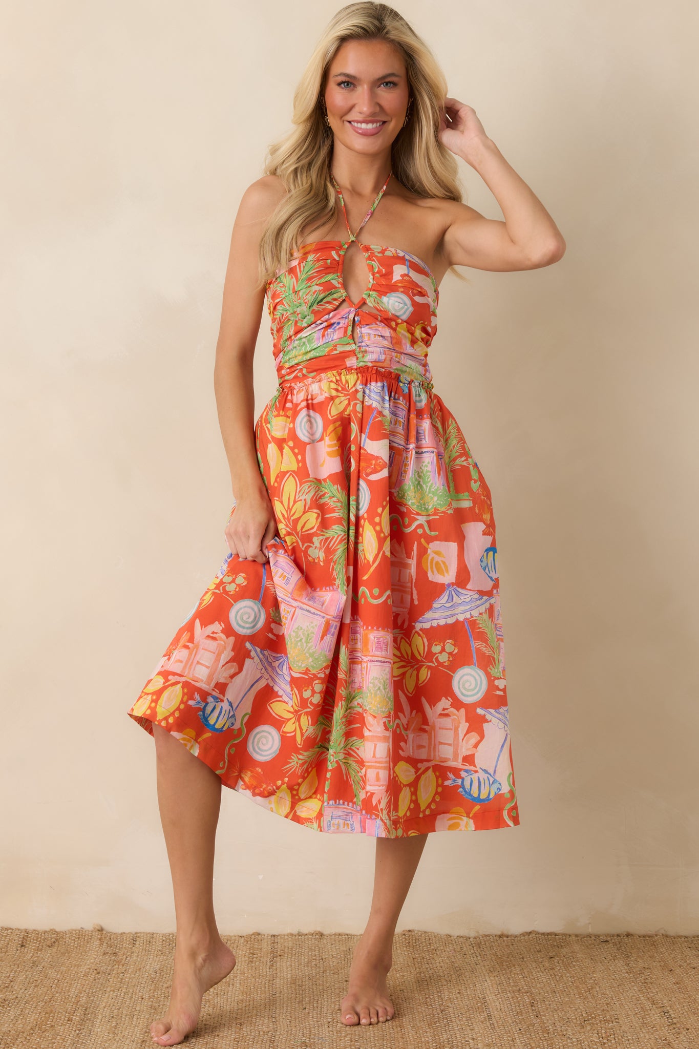 Lightweight cotton midi dress showcasing a comfortable stretch bodice and relaxed tiered silhouette with soft movement.