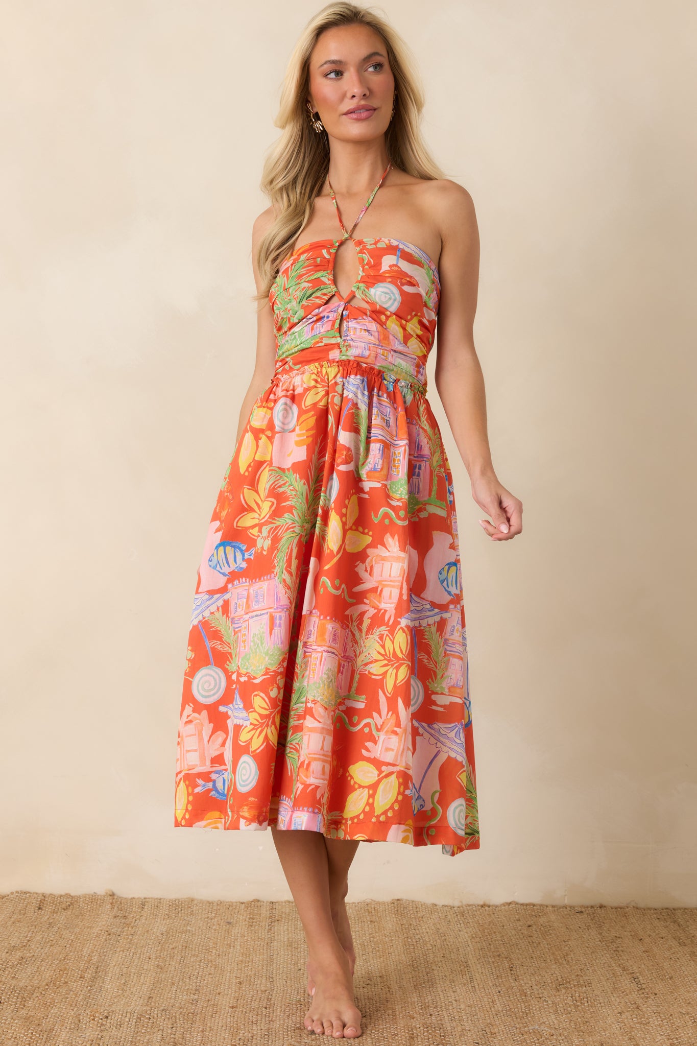 Paradisa Fernandina Orange Multi Cotton Midi Dress | Red Dress