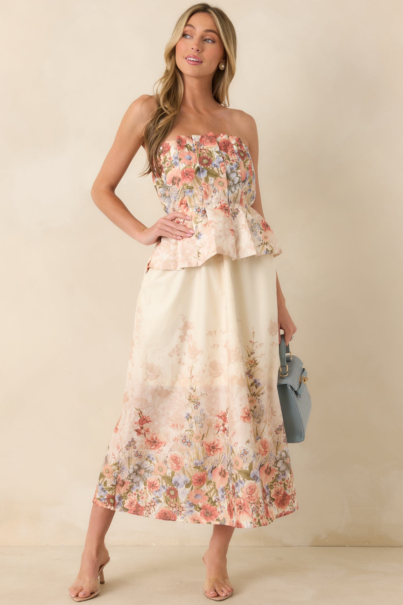 casual strapless dress Women's Gathered in Grace Pink Multi Floral Cotton Strapless Midi Dress | Size: S