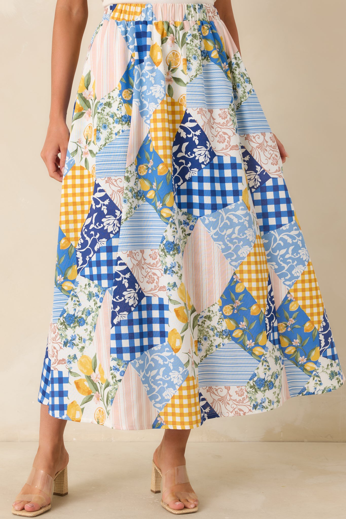 Close view of multi-print patchwork fabric showing mixed patterns and color variation.
