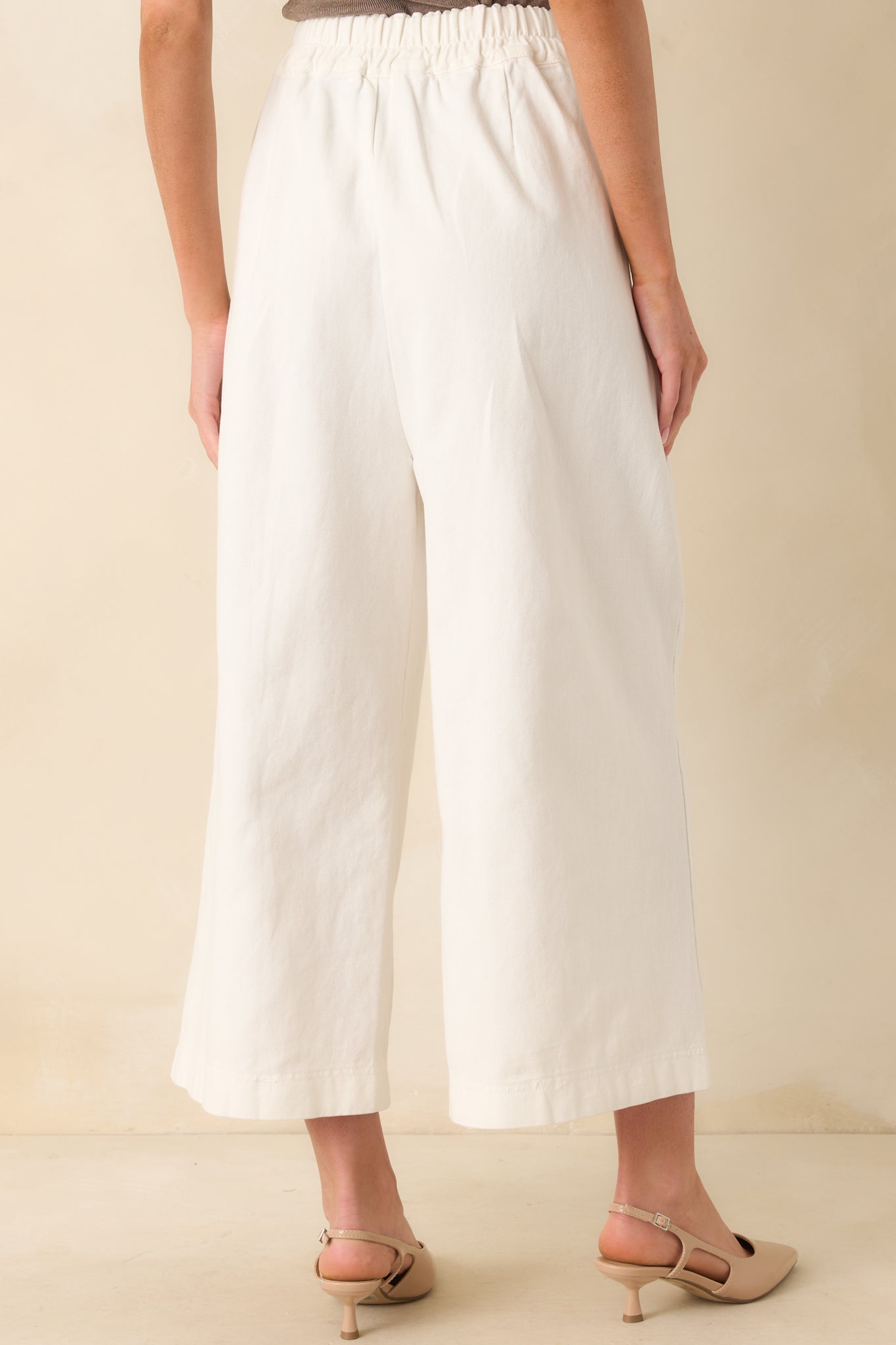 Rear view of the pants displaying the clean back seam, elastic waistband insert, and full length of the wide leg cut.