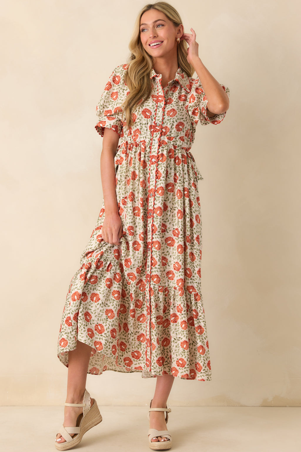 Burnt Orange Floral Print Maxi Dress - Shirt Dresses