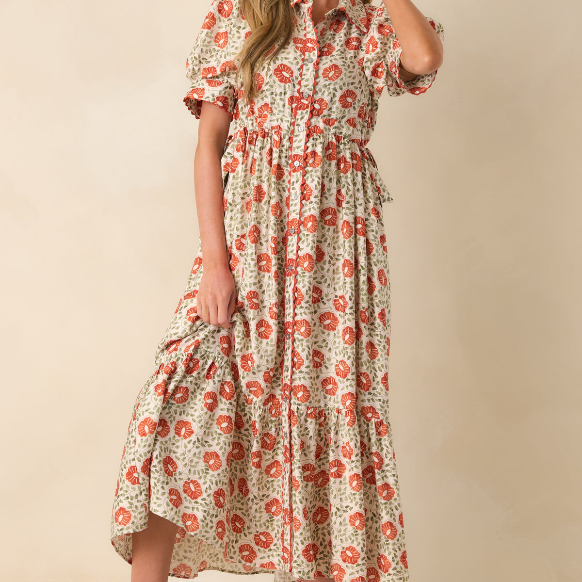Burnt Orange Floral Print Maxi Dress - Shirt Dresses