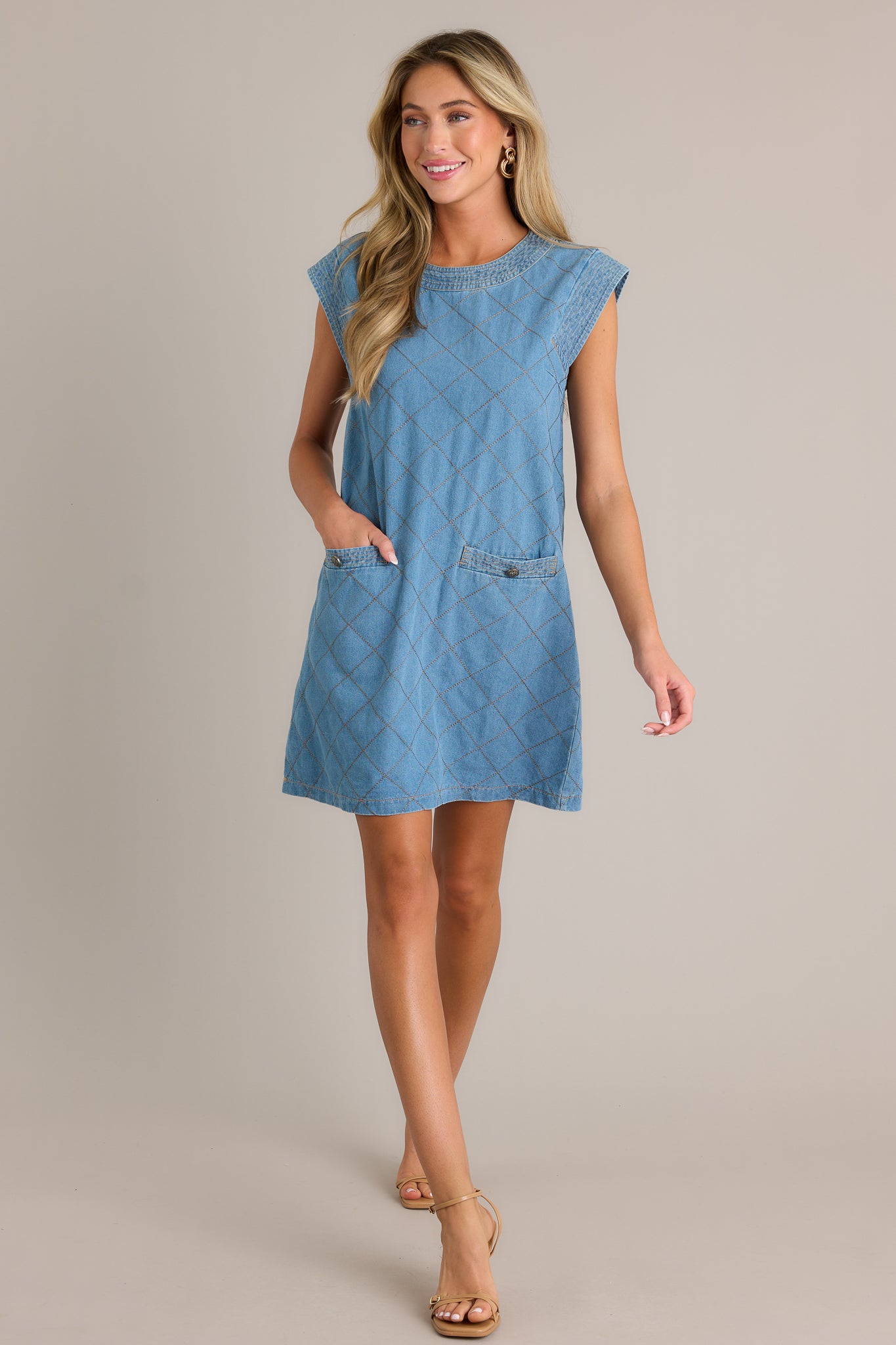 Light Chambray Quilted Mini Dress - All Dresses | Red Dress