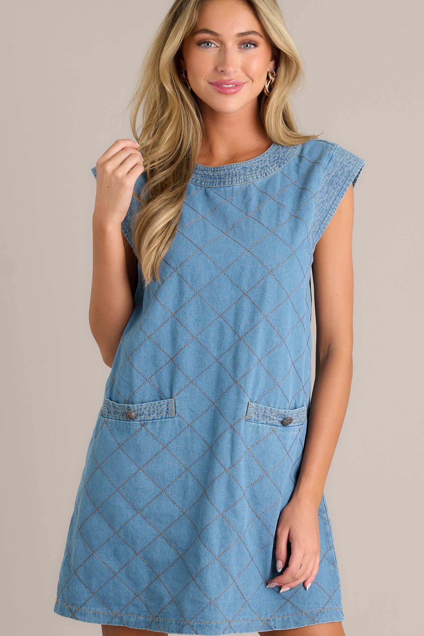 Light Chambray Quilted Mini Dress - All Dresses | Red Dress