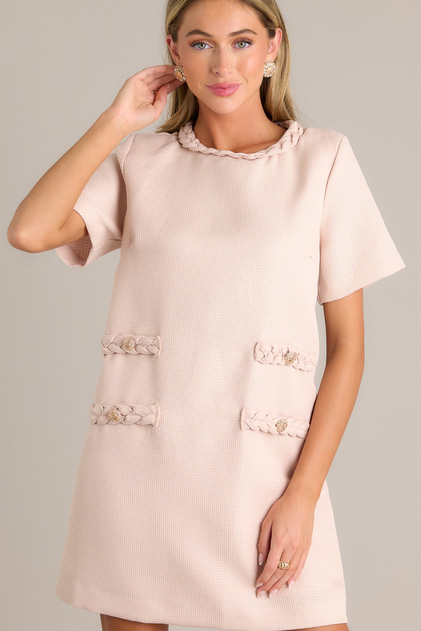 TAUPE MINI DRESS WITH PLEATED DECOR main image 0