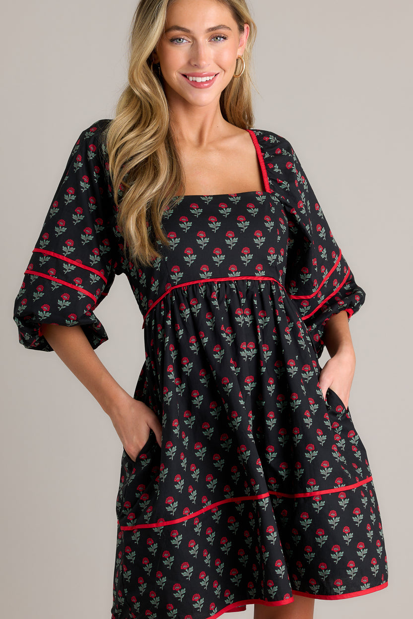100% Cotton Black Floral Mini Dress