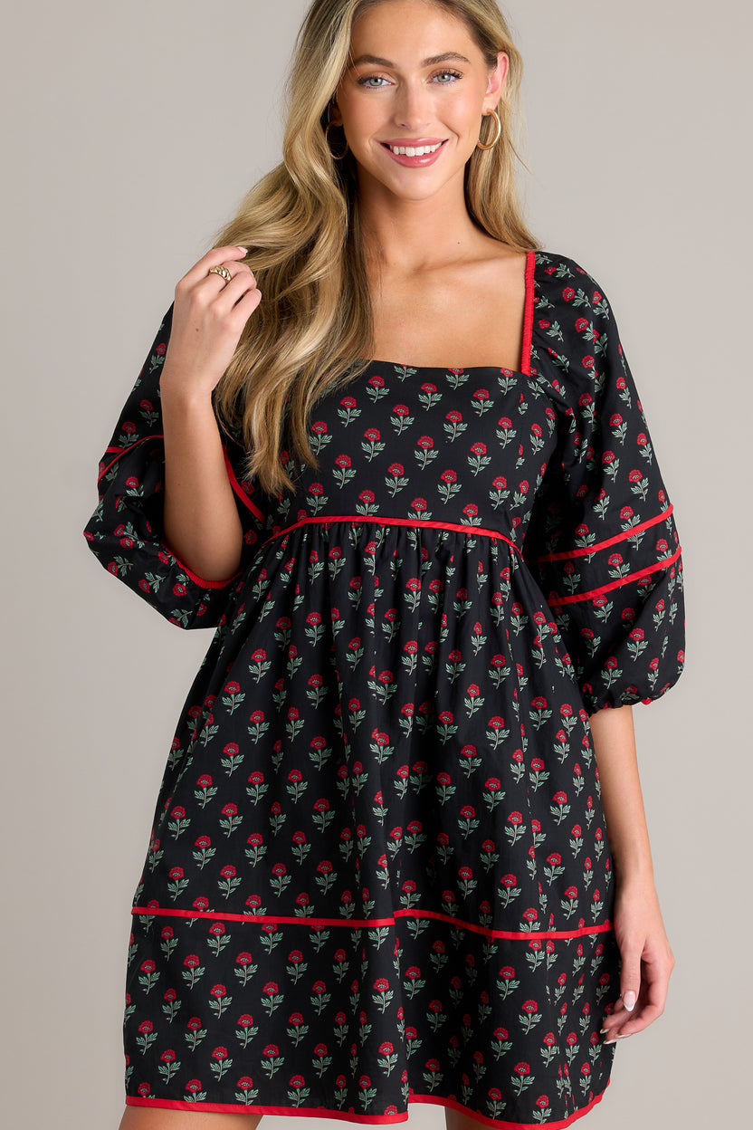 100% Cotton Black Floral Mini Dress