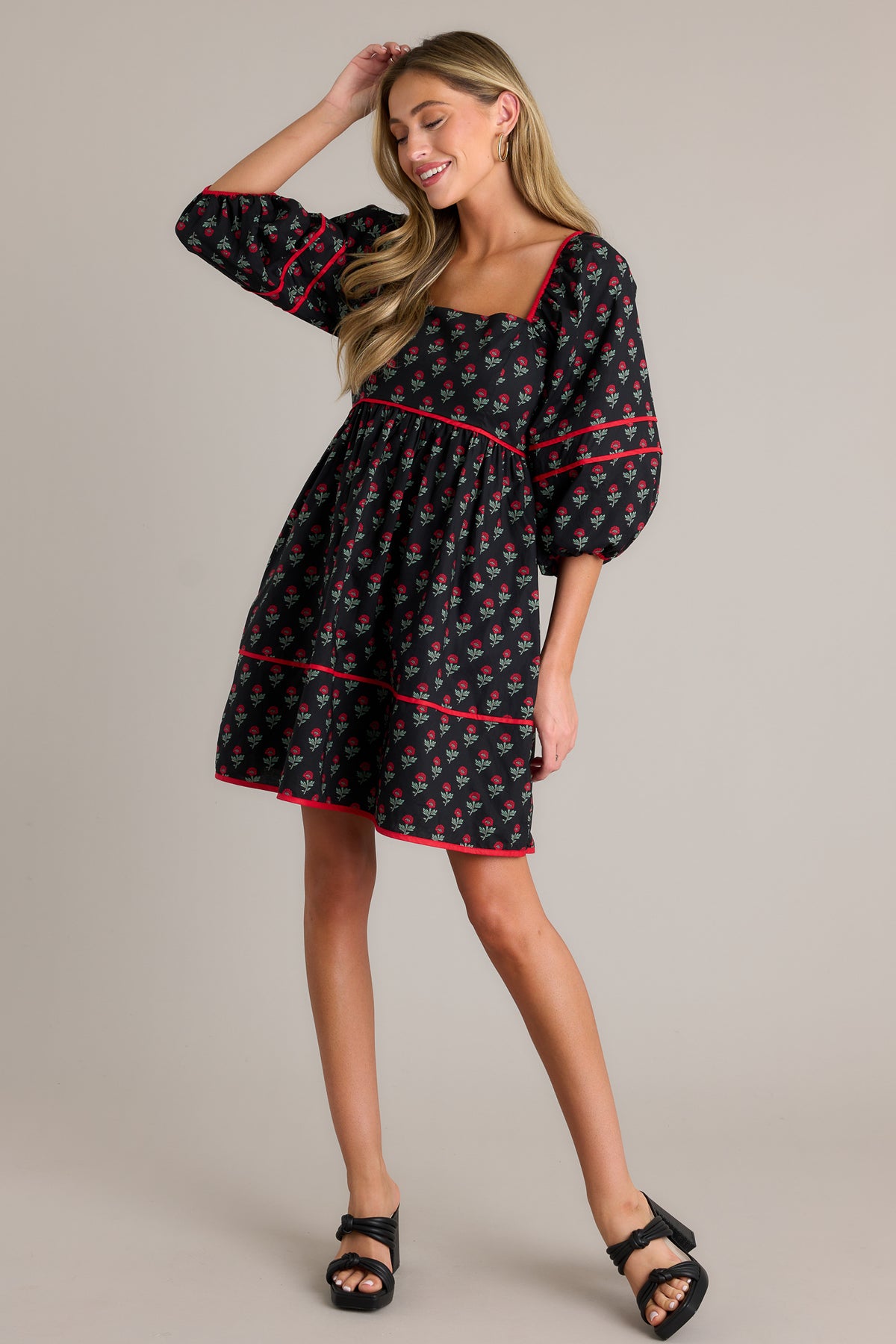 100% Cotton Black Floral Mini Dress