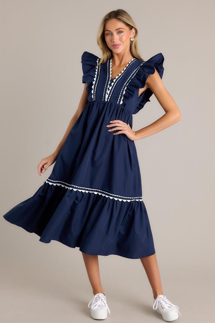 Navy Flutter Sleeve Midi Dress - All Dresses | Red Dress