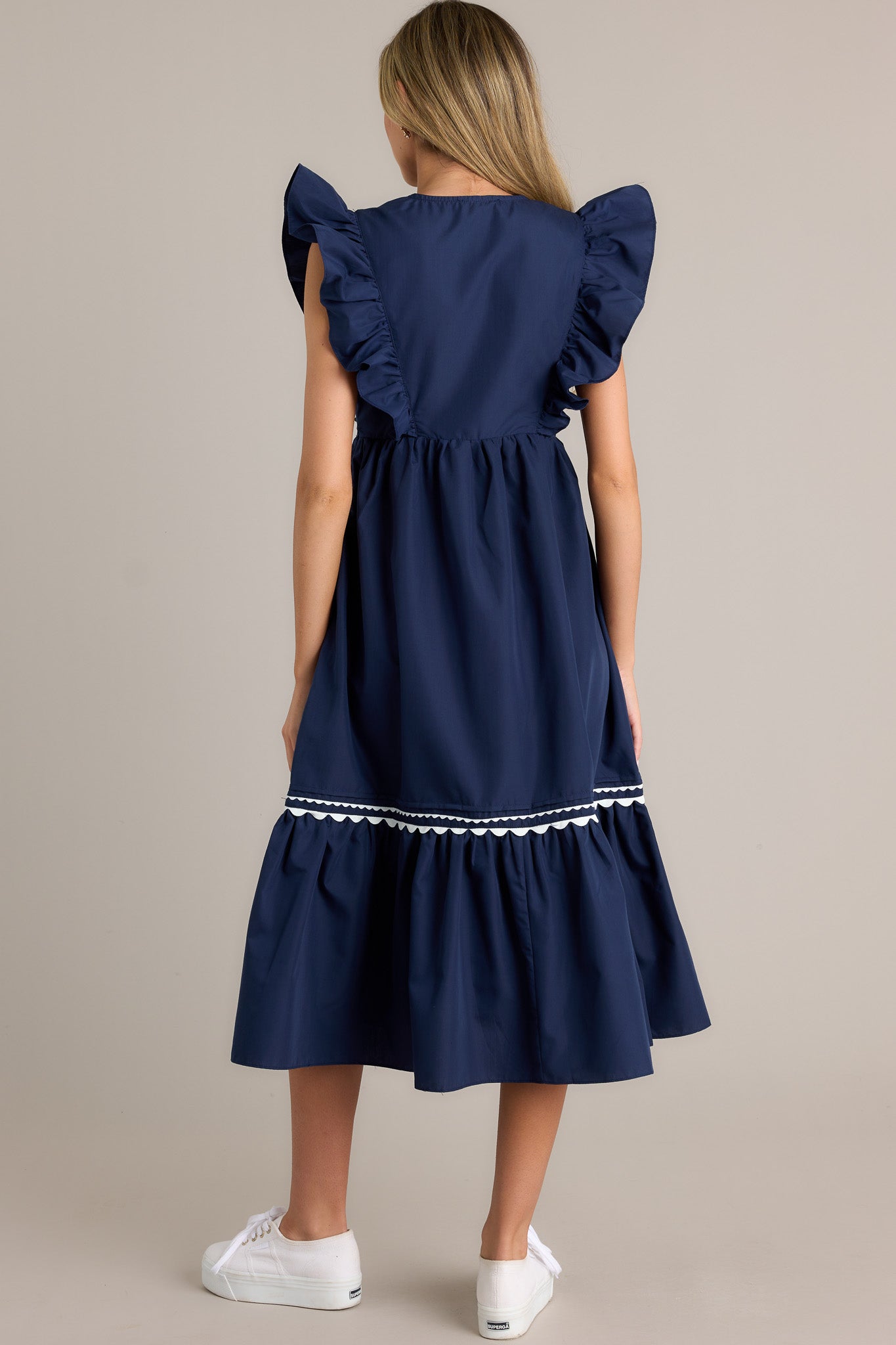 Navy Flutter Sleeve Midi Dress - All Dresses | Red Dress