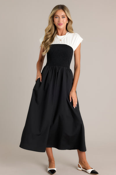 Black & White Smocked Midi Dress - All Dresses