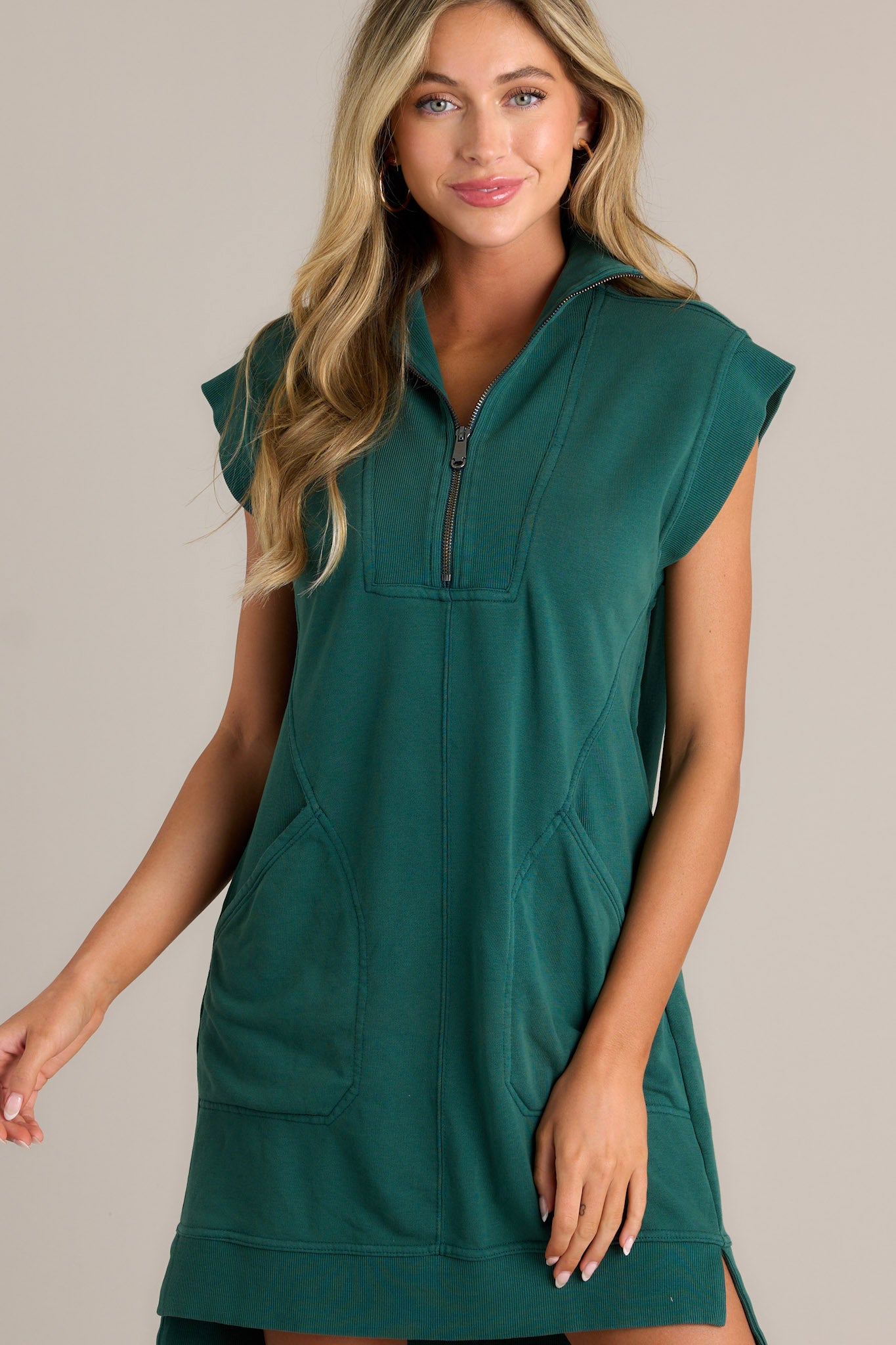 Shadowed Splendor 100% Cotton Hunter Green Zip Front Mini Dress Shadowed Splendor 100% Cotton Hunter Green Zip Front Mini Dress