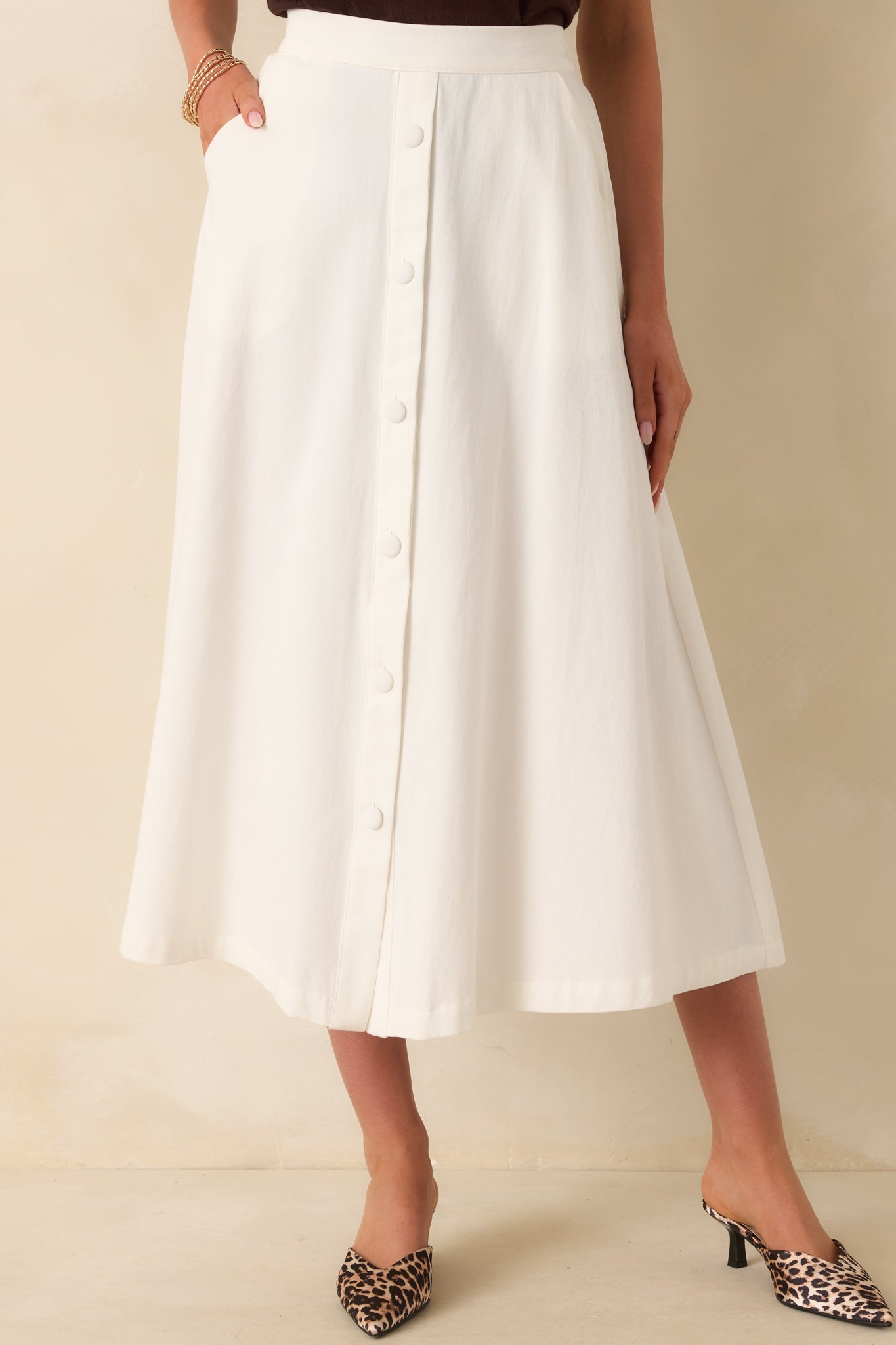 100% Cotton Ivory Button Front Midi Skirt - All Bottoms | Red Dress