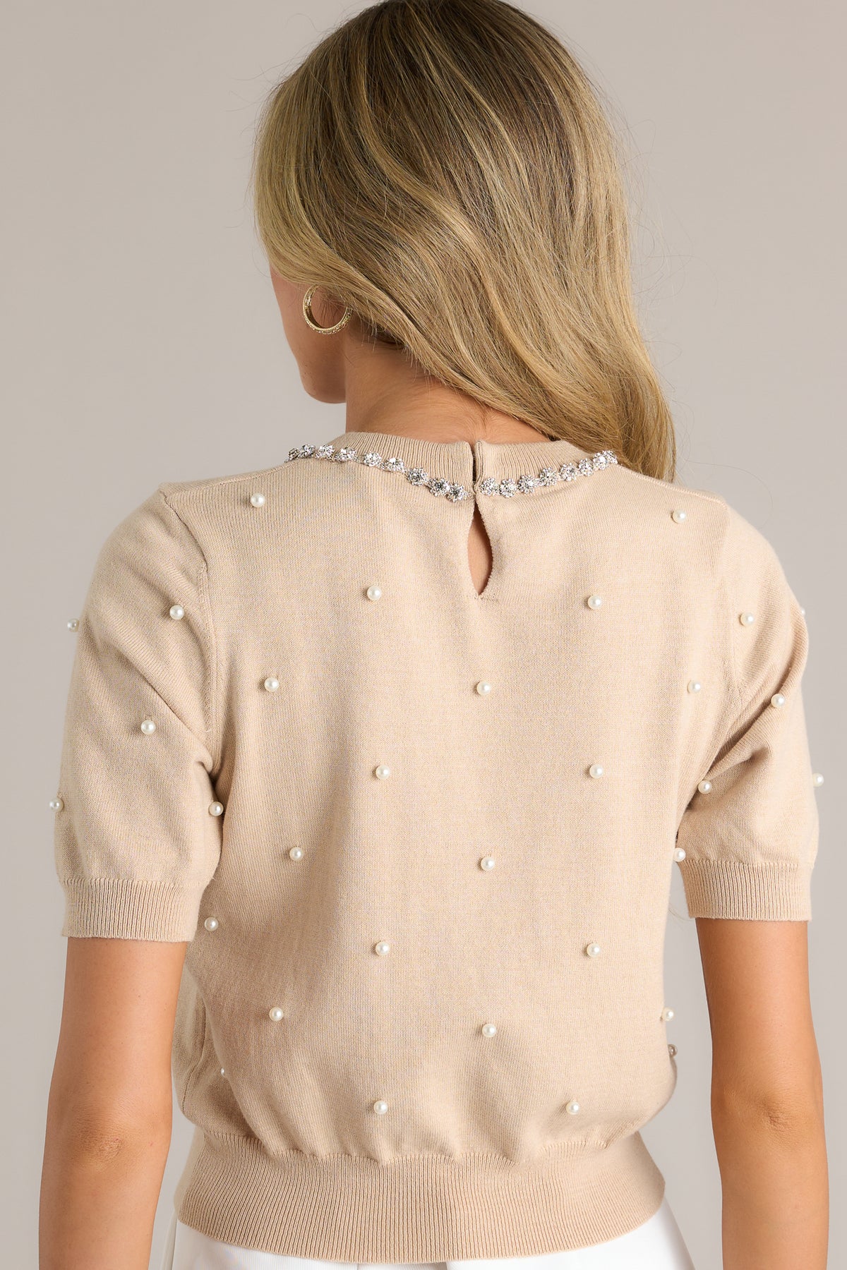 Beige Lace Crew Pearl Long Sleeve Top
