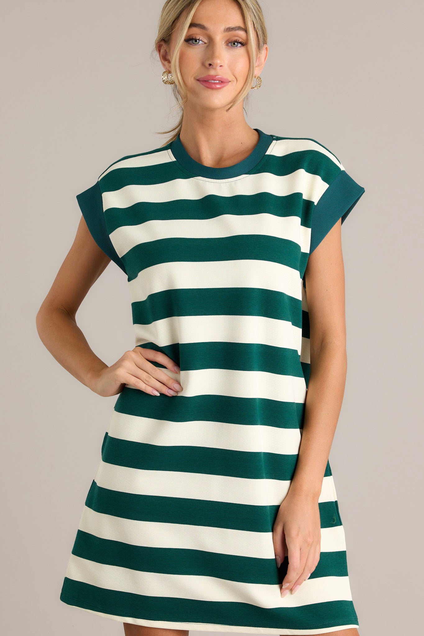 Harmony Horizon Forest Green Stripe Cap Sleeve Mini Dress Harmony Horizon Forest Green Stripe Cap Sleeve Mini Dress