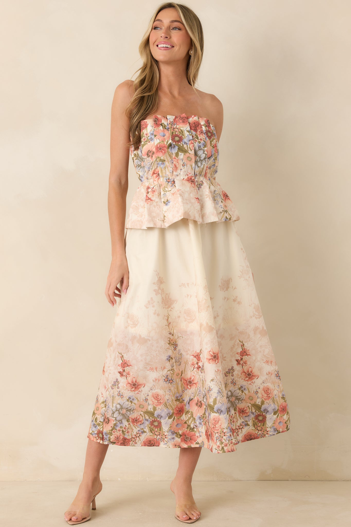strapless open back dress Gathered in Grace Pink Multi Floral Cotton Strapless Midi Dress