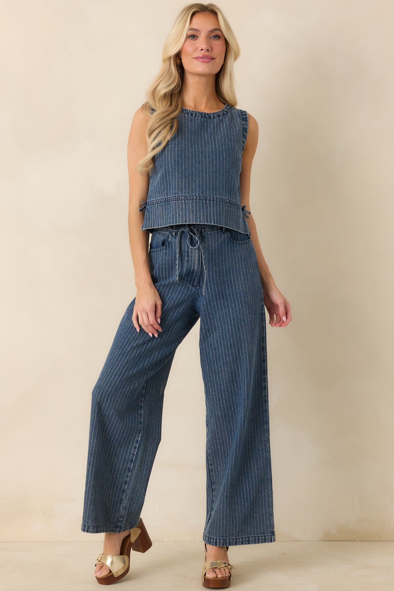 Indigo stripe wide leg pants in soft cotton blend denim featuring a relaxed pull-on silhouette and flowing full-length drape.