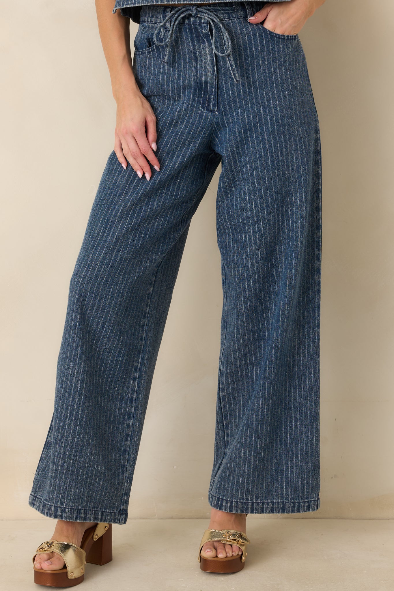 Cropped view focusing on the side pockets and relaxed fit through the hip area in the indigo stripe fabric.