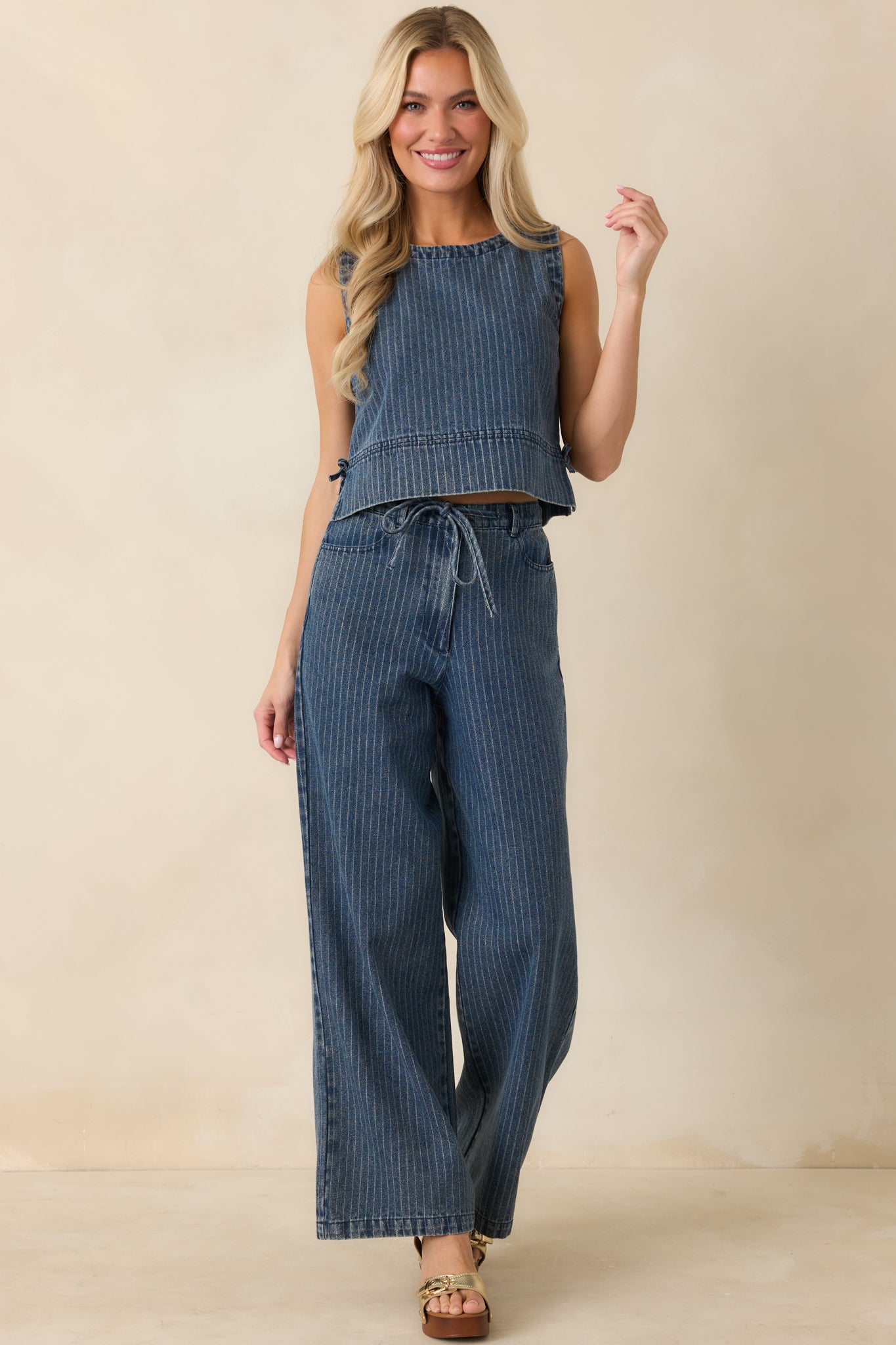 Full-length look showcasing the wide leg shape, easy movement through the legs, and casual drape of the denim-inspired fabric.