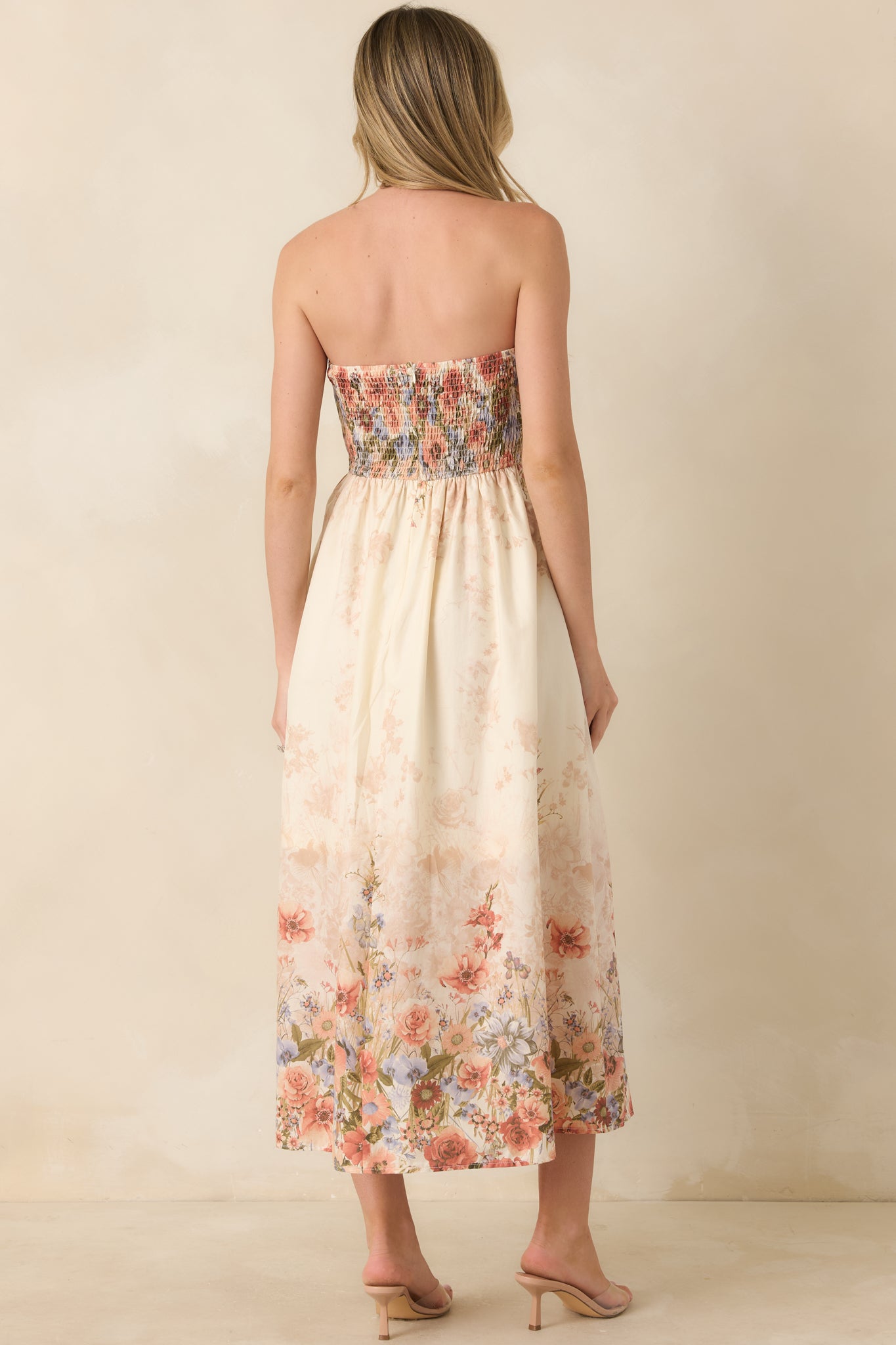 sunny floral cascade strapless midi dress Women's Gathered in Grace Pink Multi Floral Cotton Strapless Midi Dress | Size: S