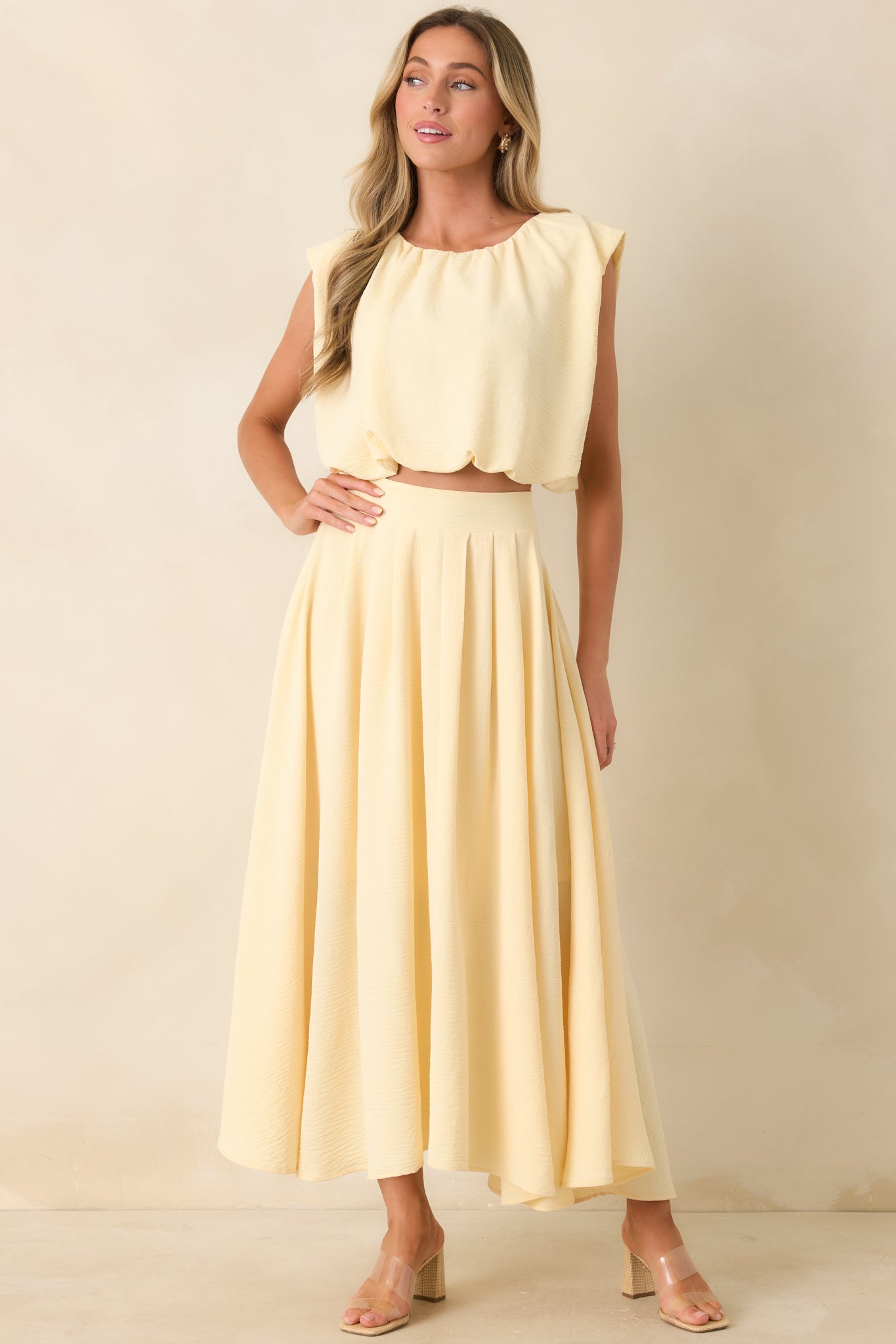Red Dress | Light Yellow Curved Hem Maxi Skirt Red Dress | Light Yellow Curved Hem Maxi Skirt