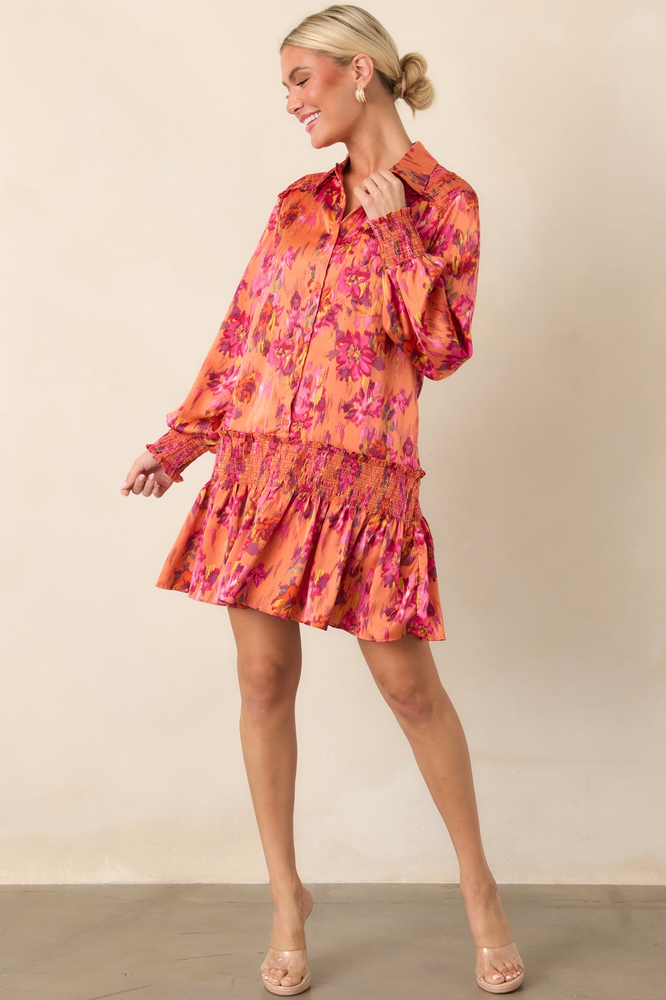 Impossible to Miss Orange Multi Floral Satin Mini Dress