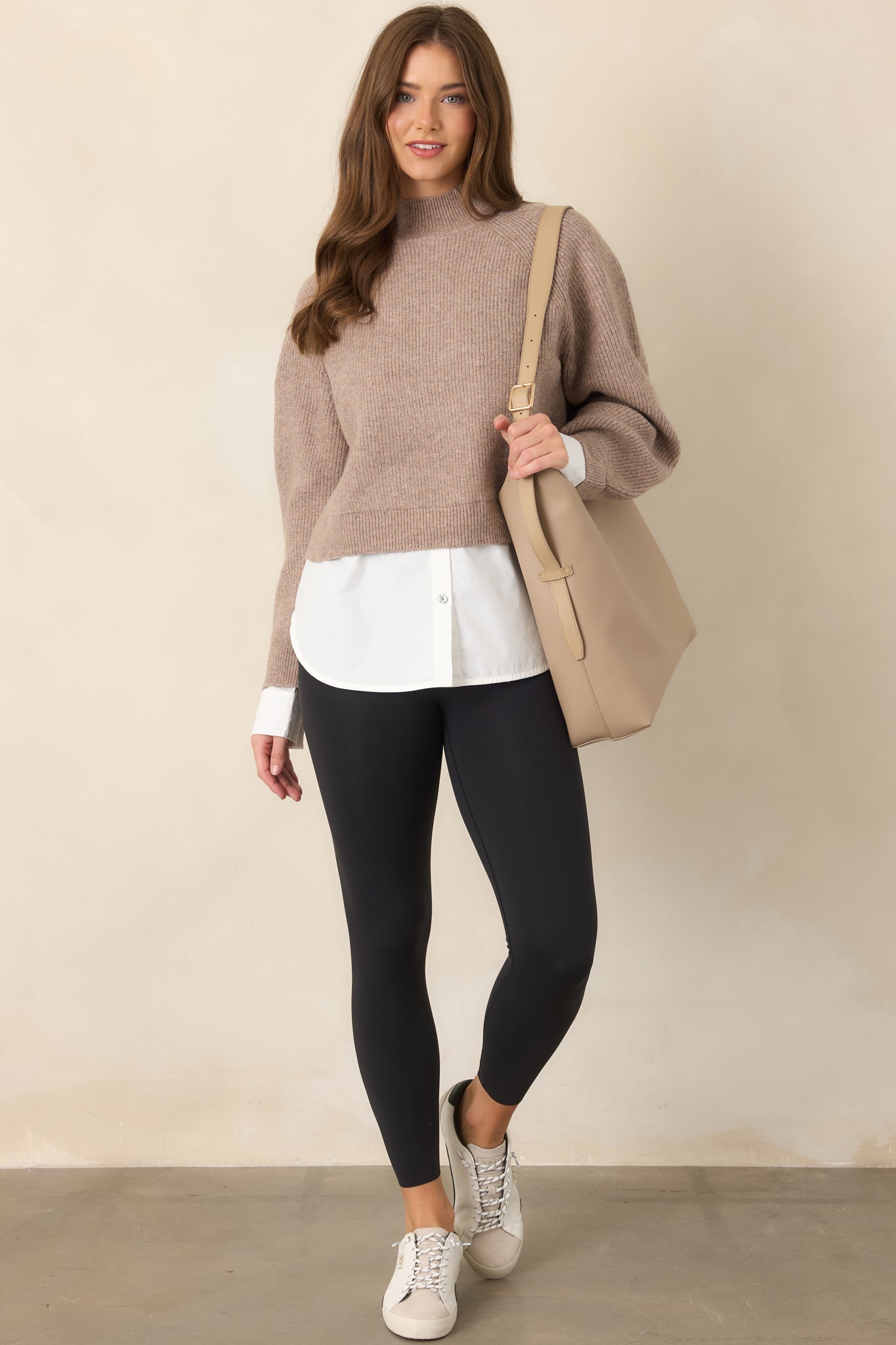One and Done Taupe Faux Layered Mock Neck Knit Top