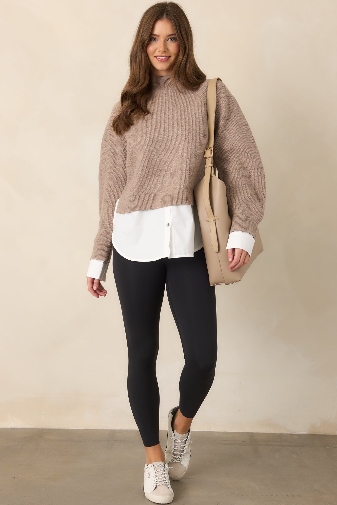 One and Done Taupe Faux Layered Mock Neck Knit Top