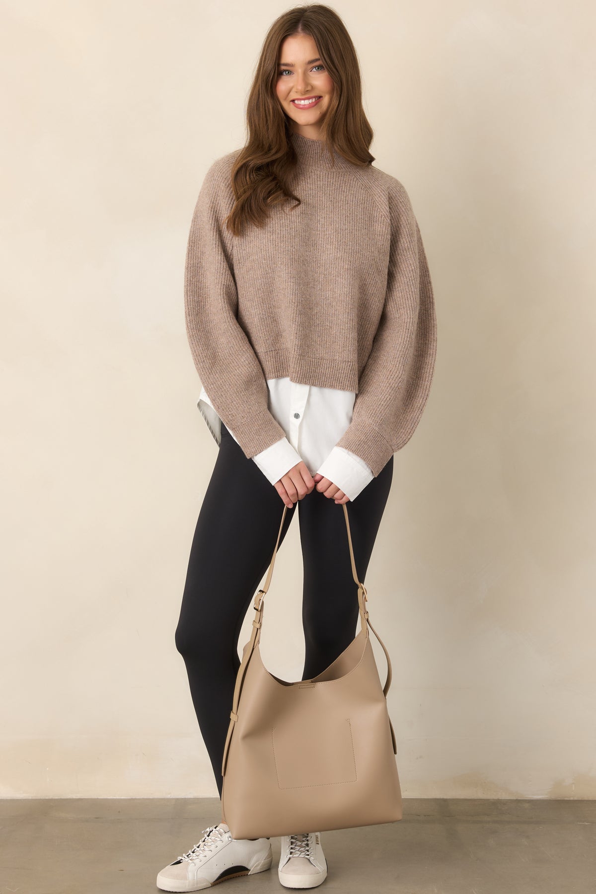 One and Done Taupe Faux Layered Mock Neck Knit Top