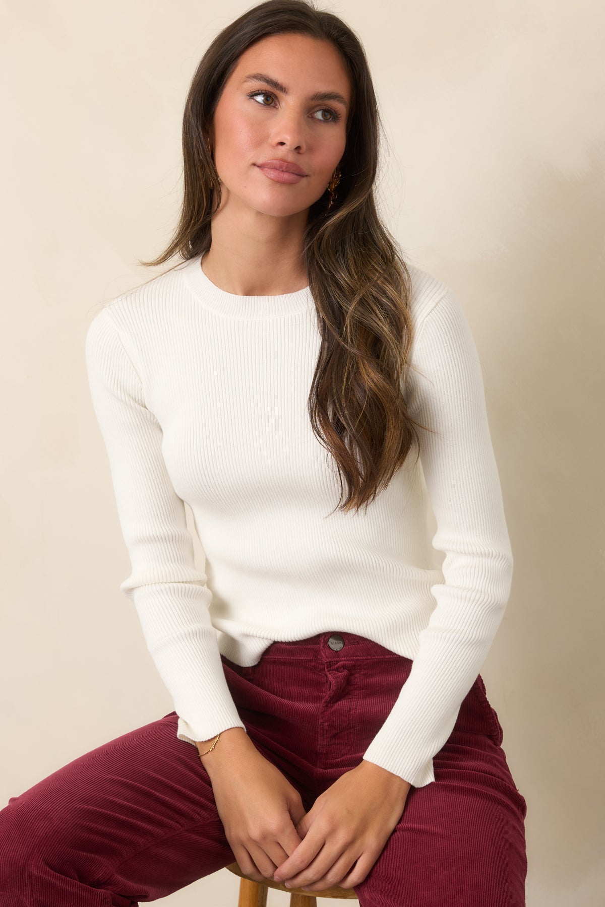 Prosperina Rory Ivory Ribbed Cotton Long Sleeve Top