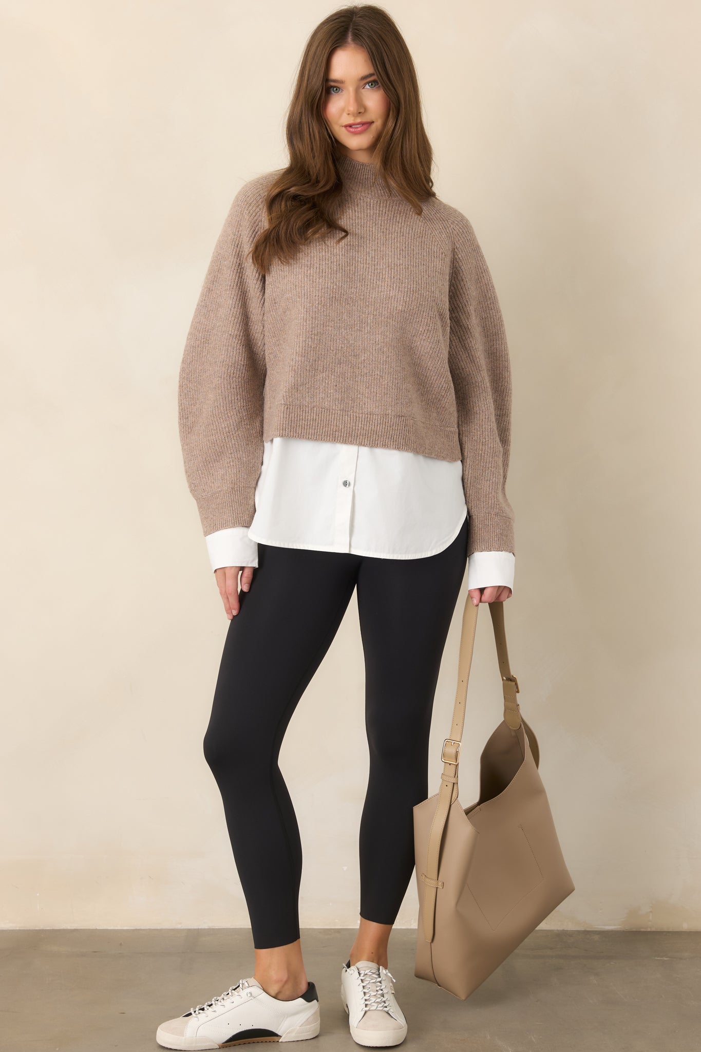 One and Done Taupe Faux Layered Mock Neck Knit Top