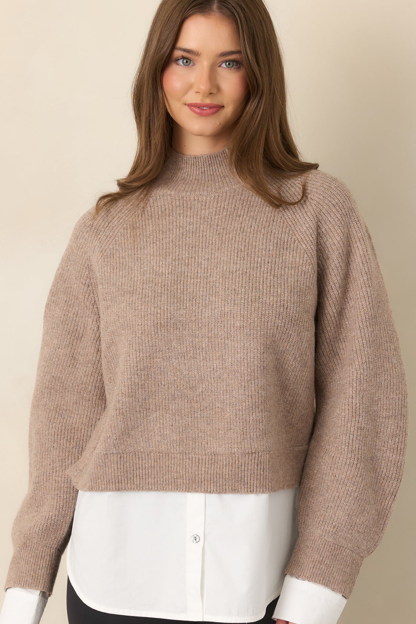 One and Done Taupe Faux Layered Mock Neck Knit Top