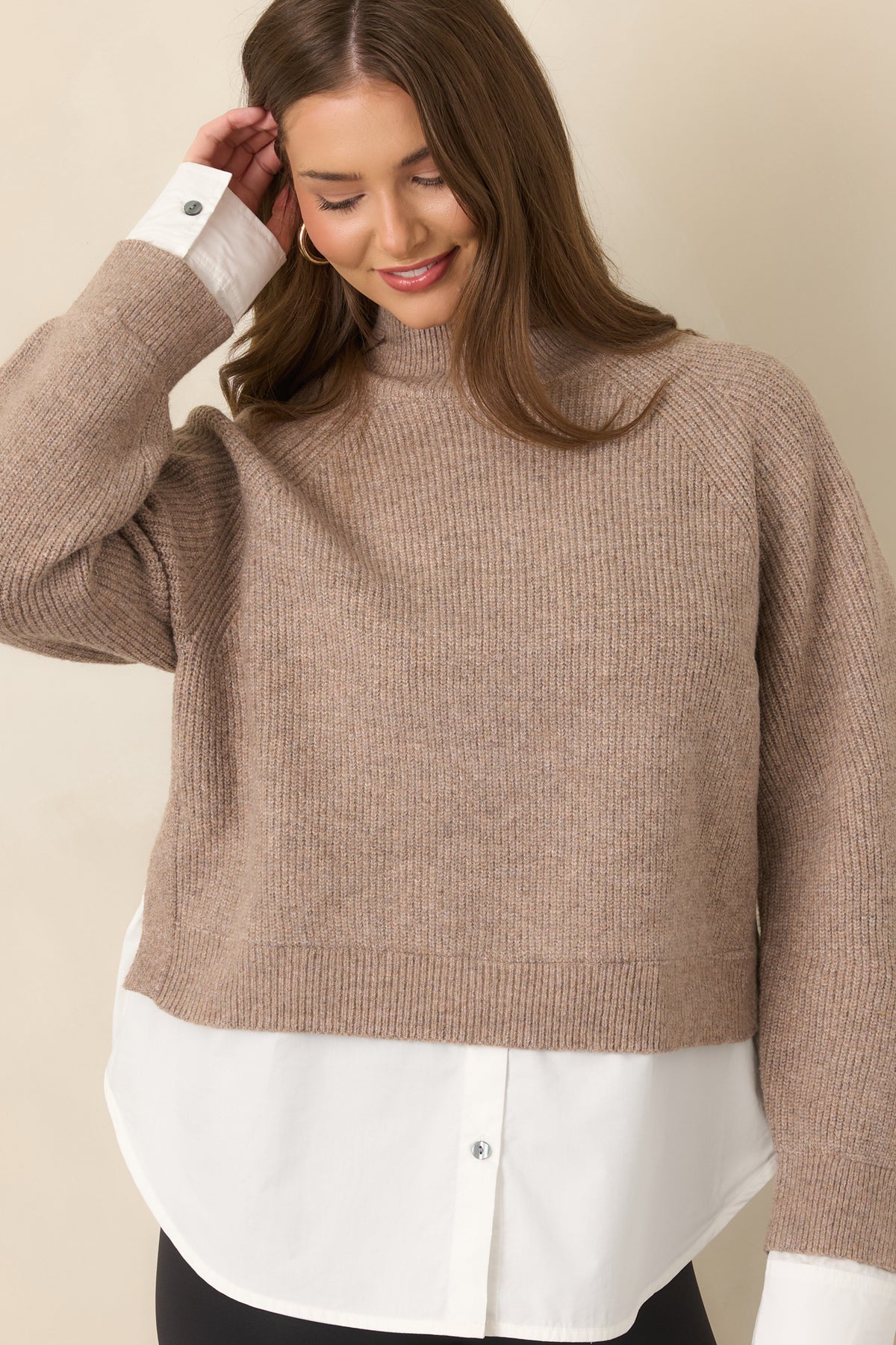 One and Done Taupe Faux Layered Mock Neck Knit Top