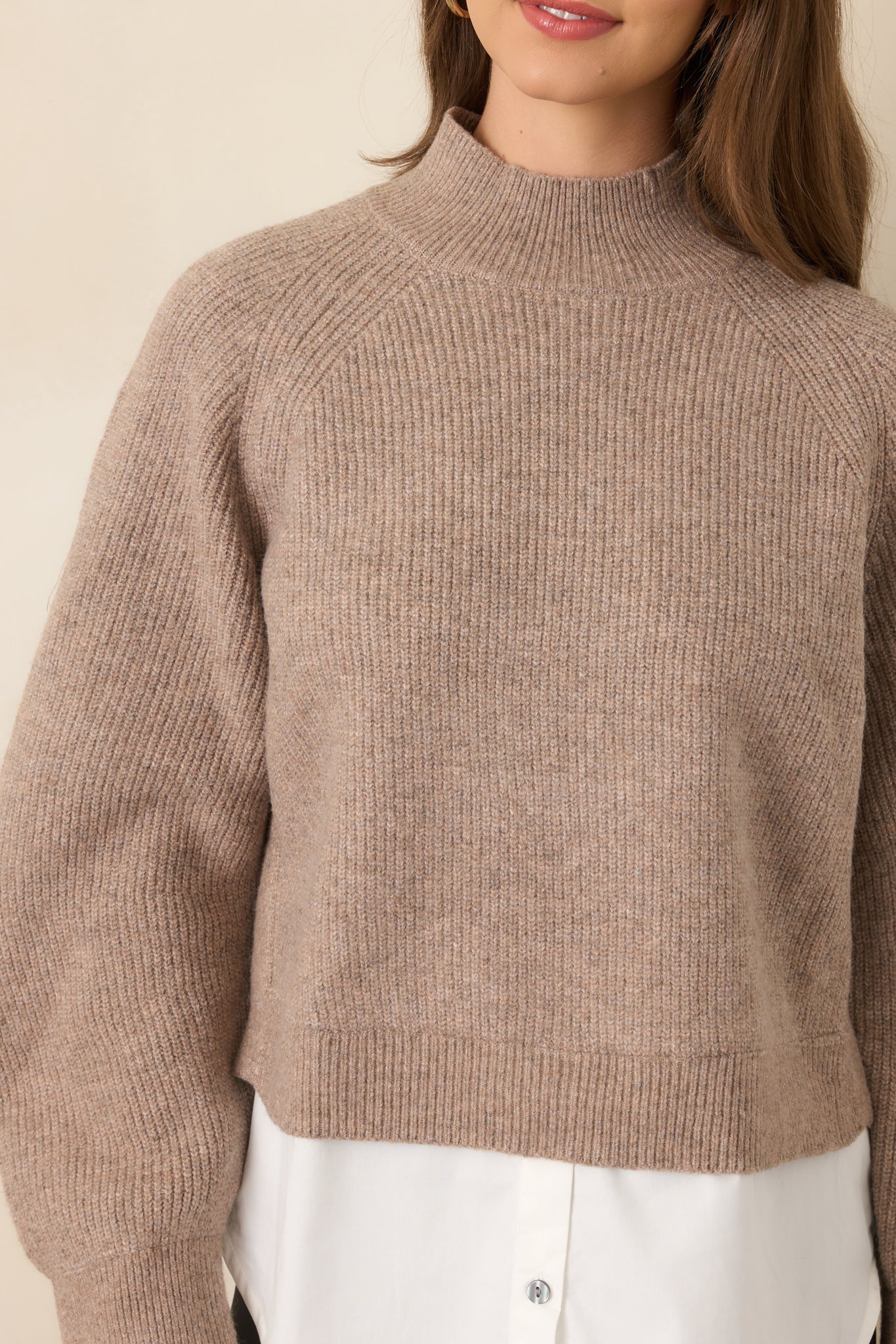 One and Done Taupe Faux Layered Mock Neck Knit Top
