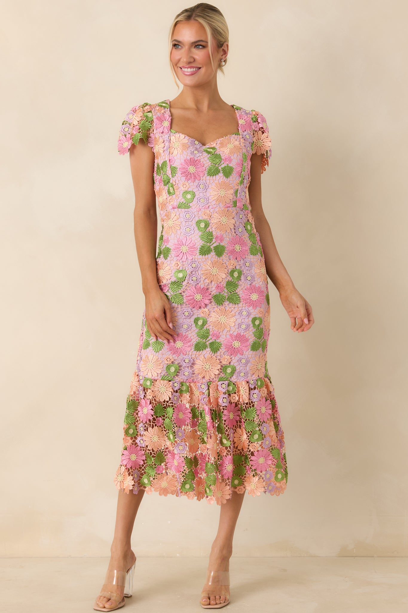 Women's My Debut Lavender Embroidered Floral Midi Dress | Color: Purple | Size: S