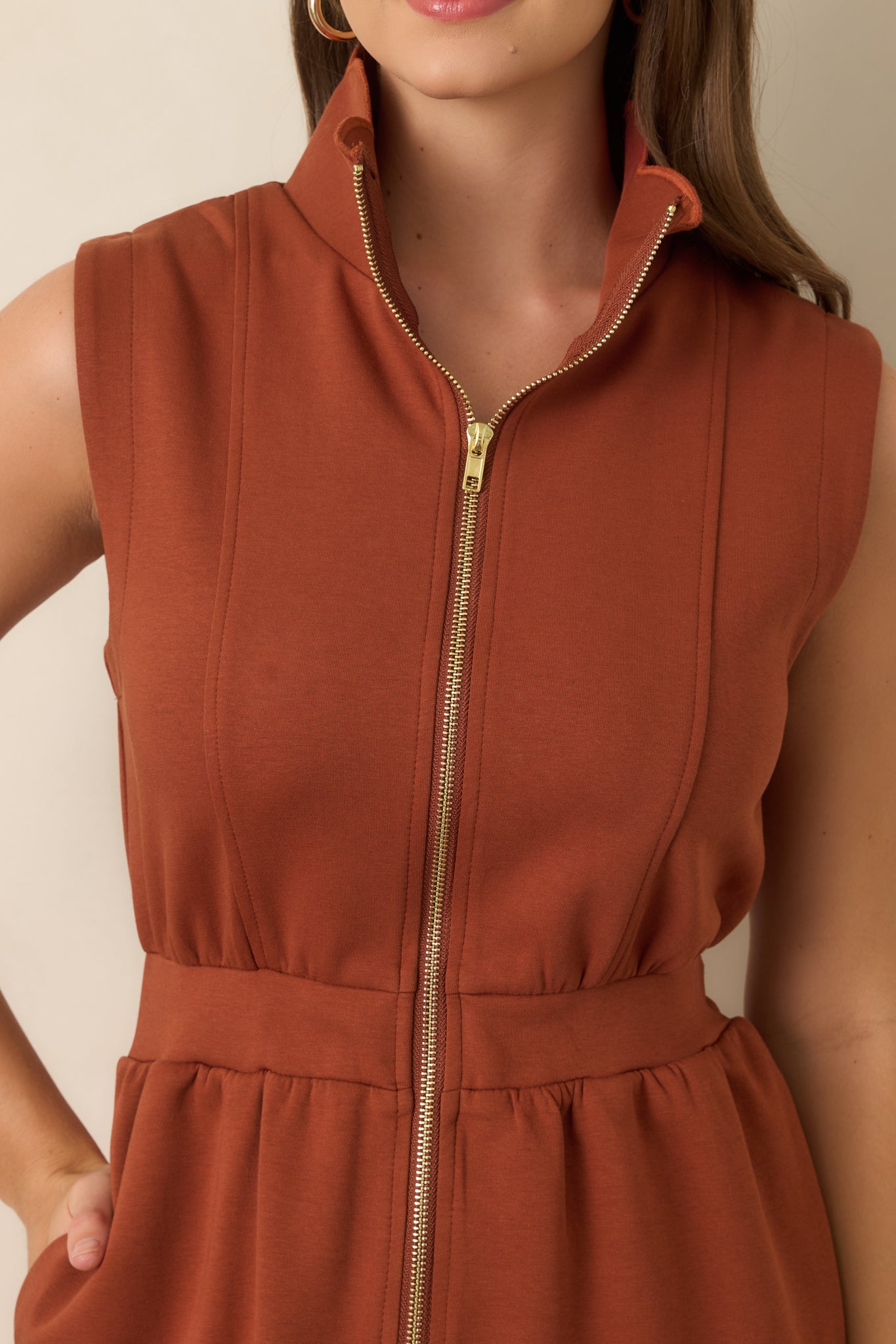 orange zip front dress Women's Entro Through the Day Rust Zip Scalloped Hem Mini | Size: S dark deco Uk Size:14 or cinch it in Dressy Black Pants |