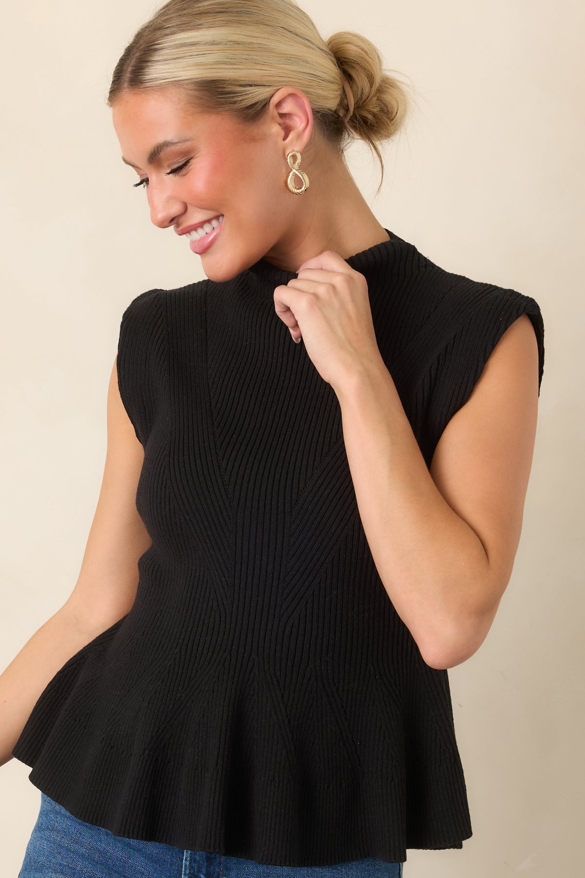 Flare For Style Black Ribbed Knit Mock Neck Peplum Sweater Top