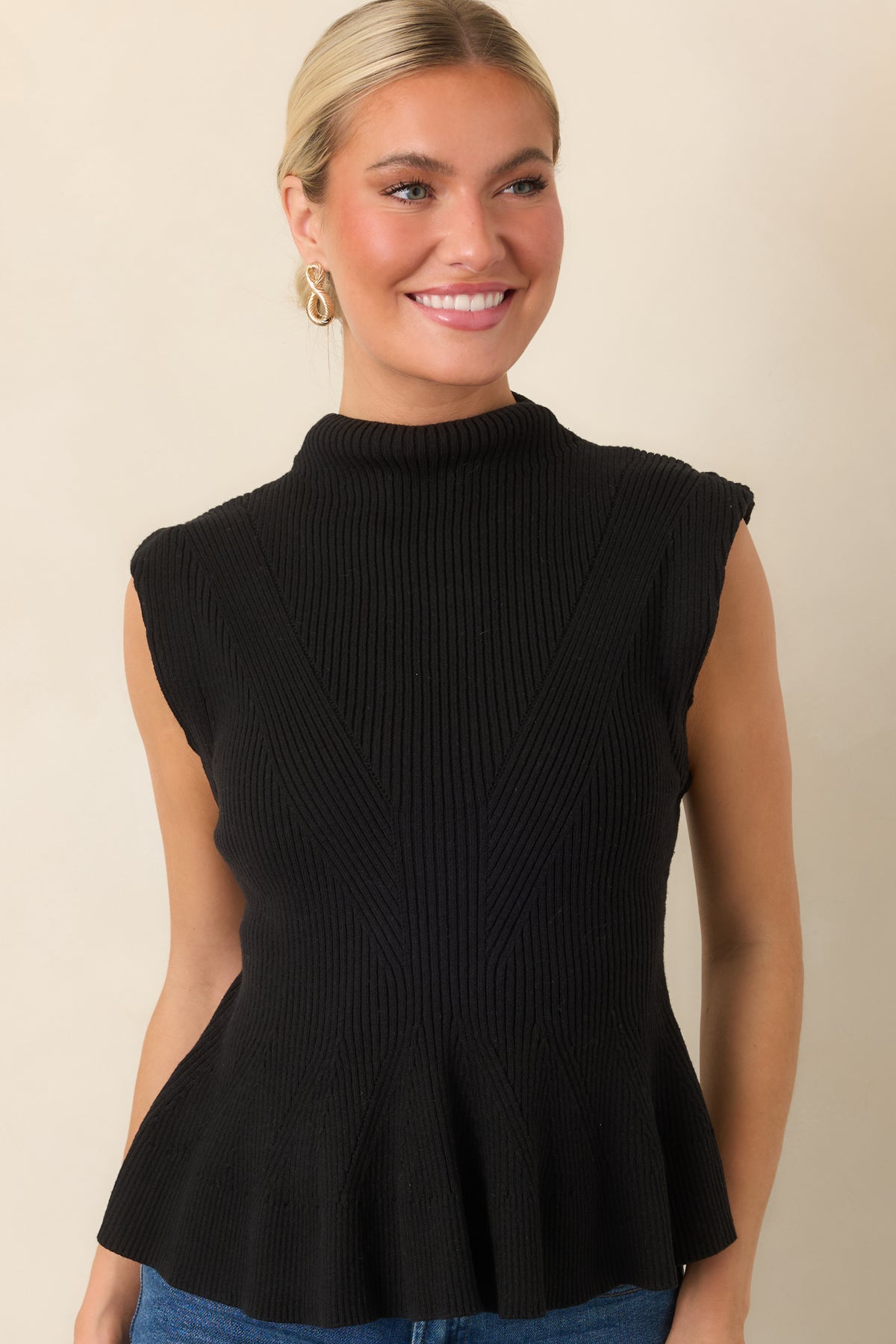 Flare For Style Black Ribbed Knit Mock Neck Peplum Sweater Top