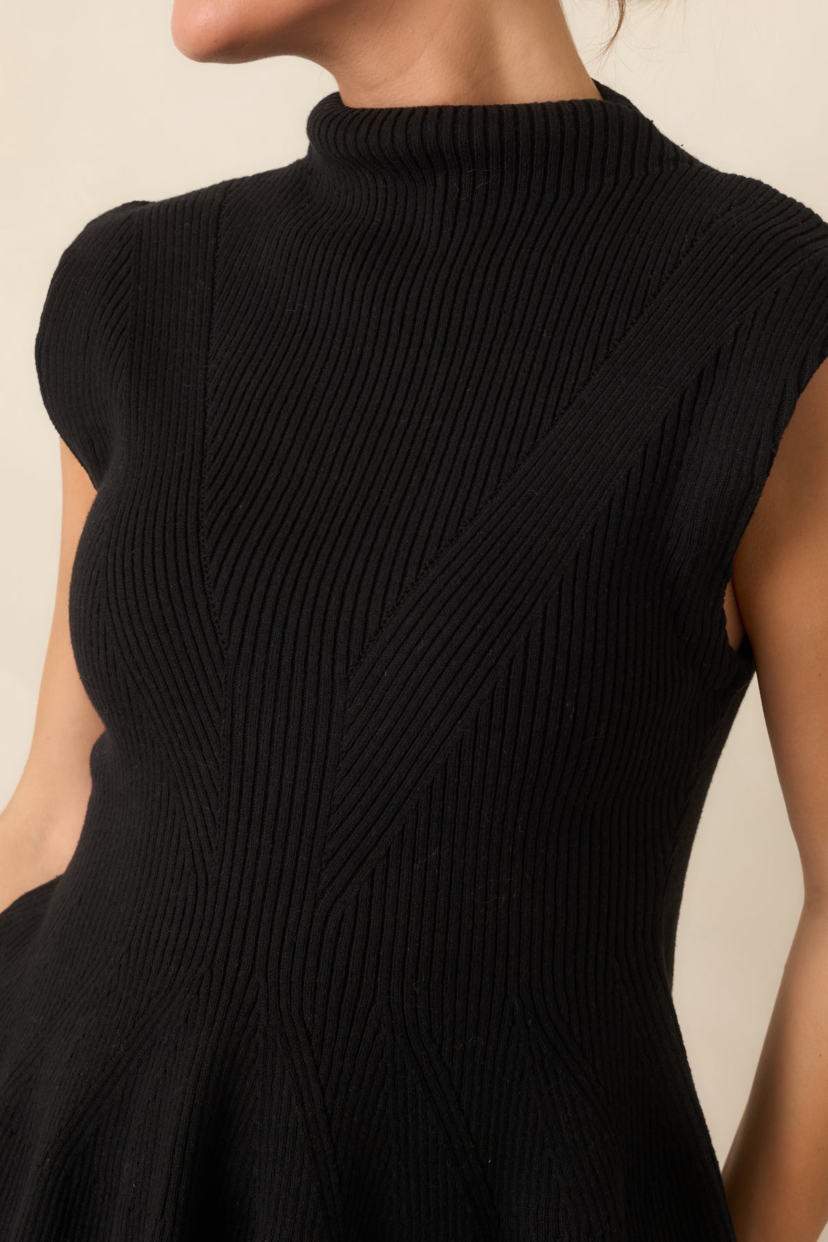 Flare For Style Black Ribbed Knit Mock Neck Peplum Sweater Top