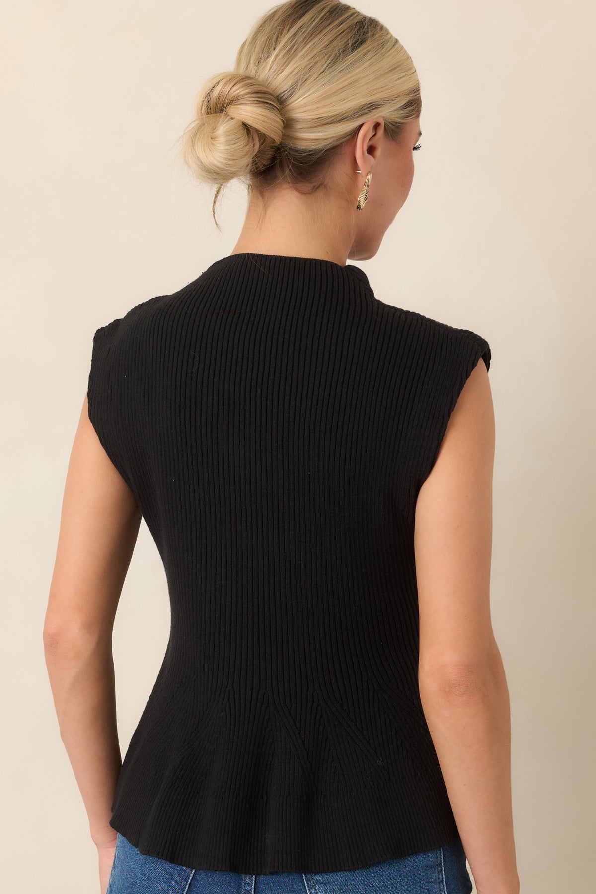 Flare For Style Black Ribbed Knit Mock Neck Peplum Sweater Top