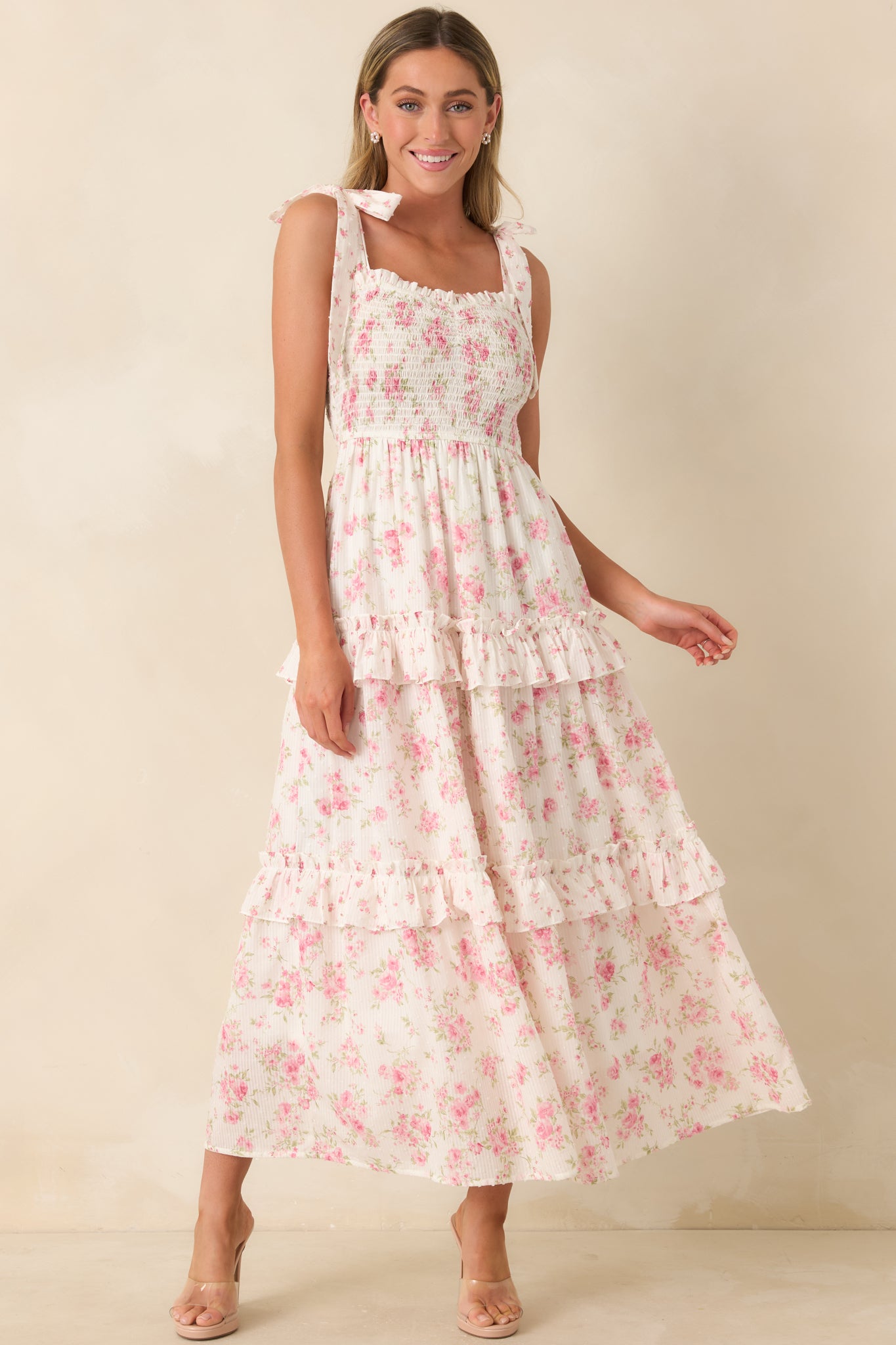 Women's Afternoon Like This Ivory & Pink Floral Ruffle Tiered Cotton Midi Dress | Size: S | Red Dress