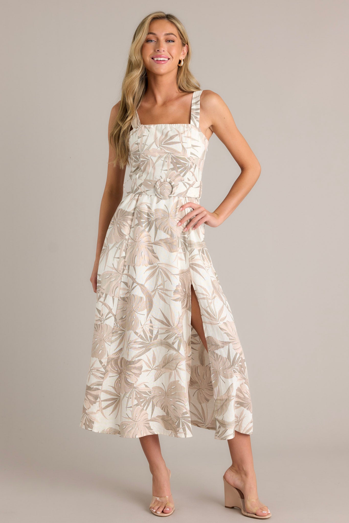 Tan Tropical Print Belted Midi Dress