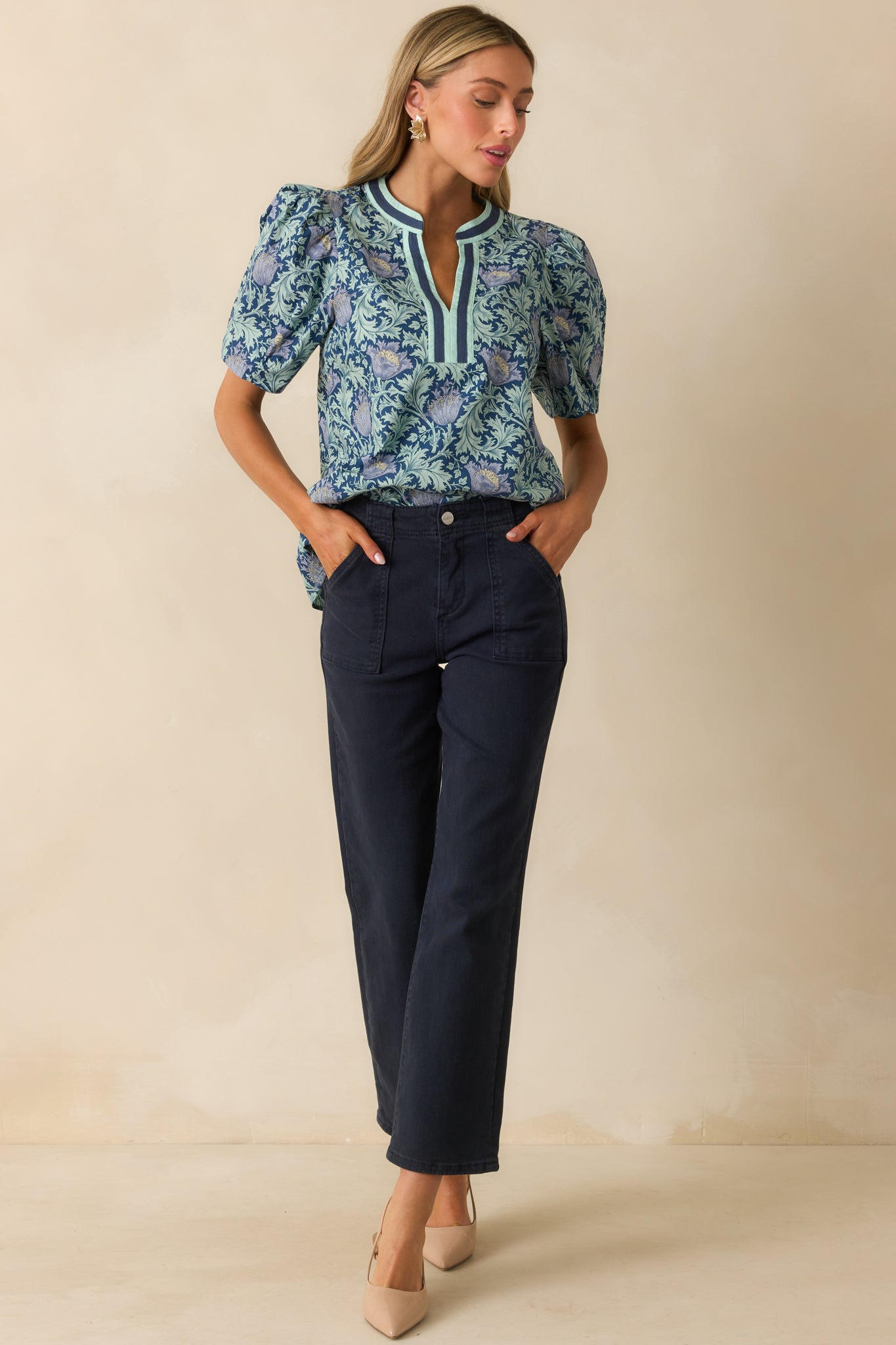 A front view emphasizing the oversized front pockets and clean navy finish.